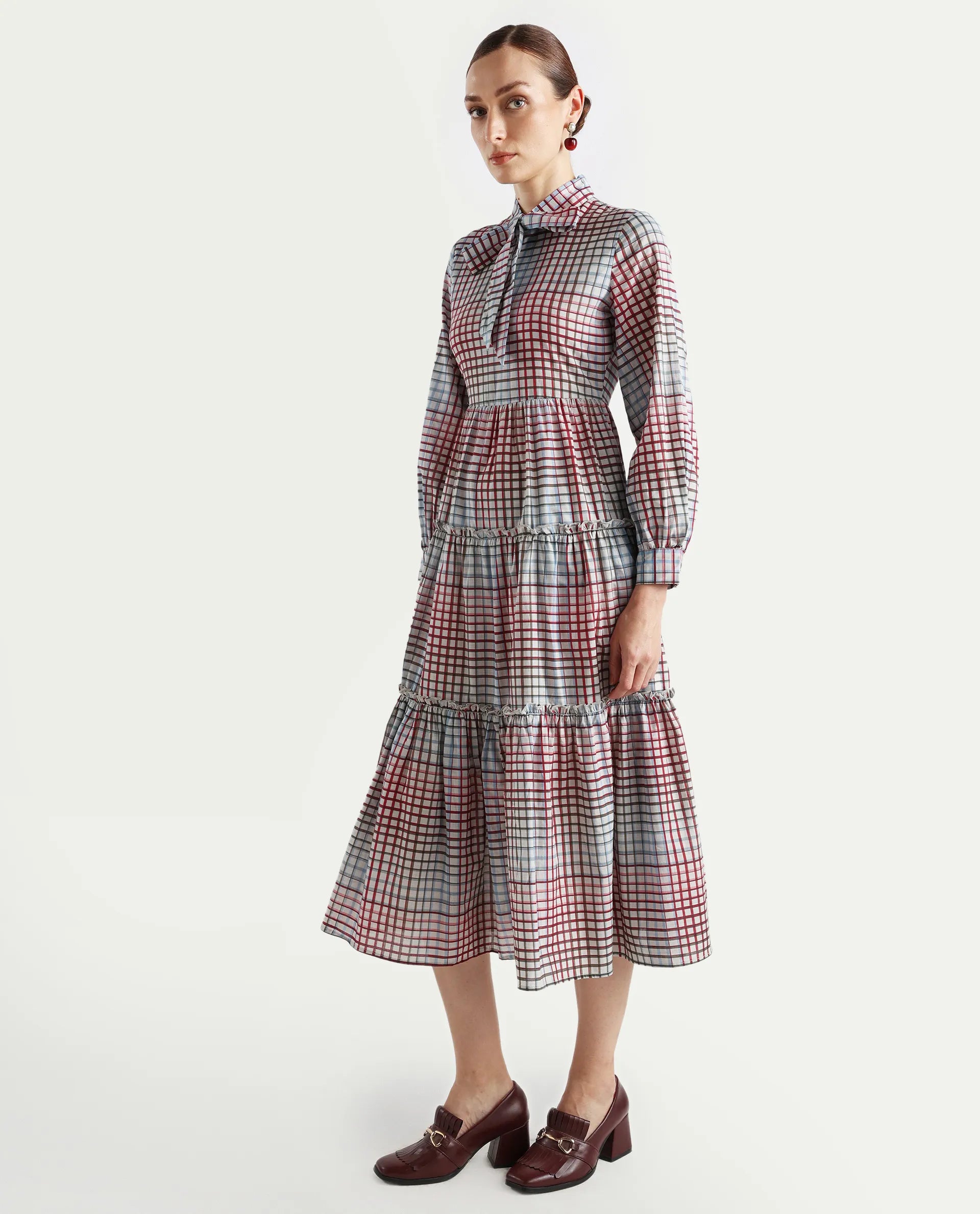 Rareism Women's Adilpi Multi Cotton Tie-Up Neck Flannel Print Bishop Sleeve Midi Fit And Flare Dress