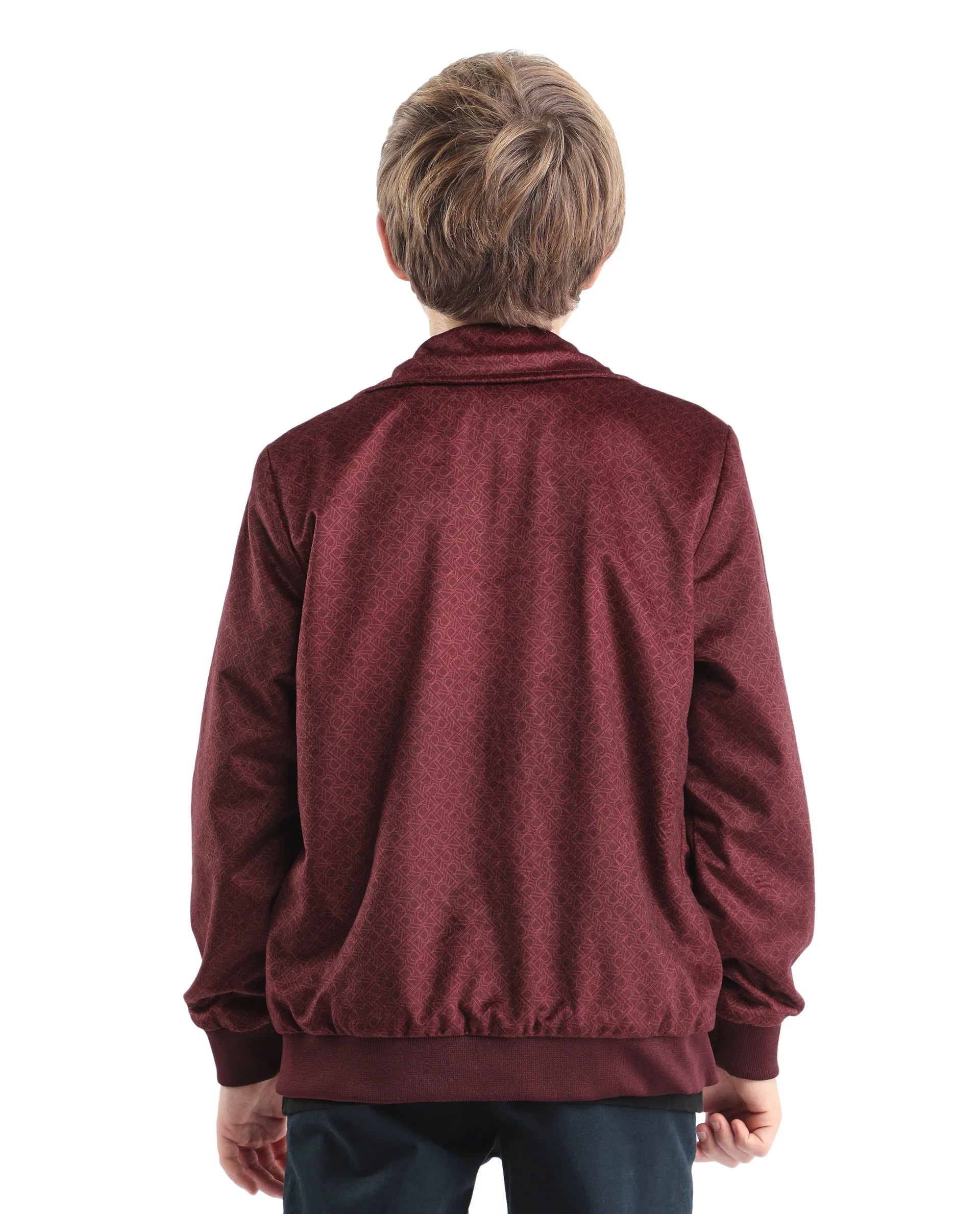 Rare Ones Kids Adi Maroon Polyester Zipper Closure Flat Collar Monogram Printed Full Sleeves Slim Fit Jacket