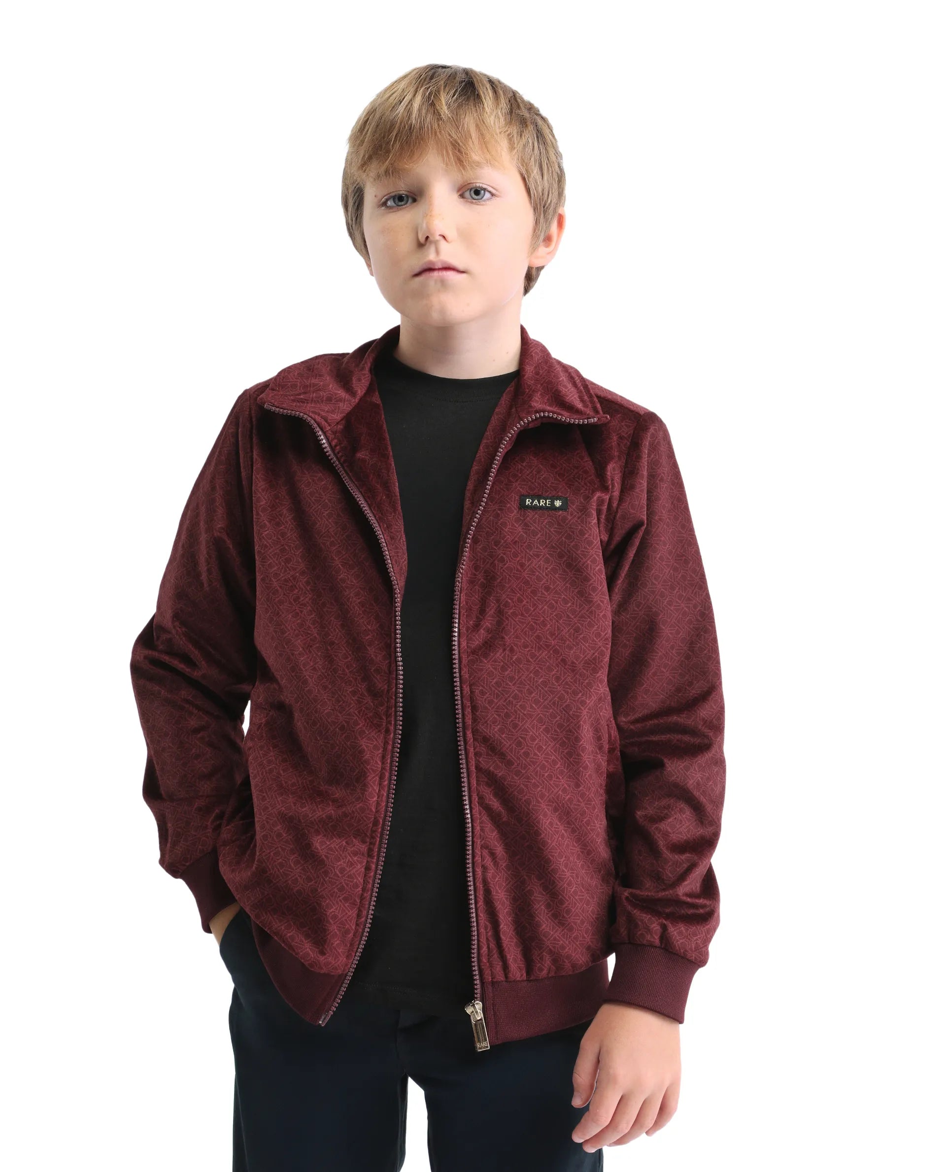 Rare Ones Kids Adi Maroon Polyester Zipper Closure Flat Collar Monogram Printed Full Sleeves Slim Fit Jacket