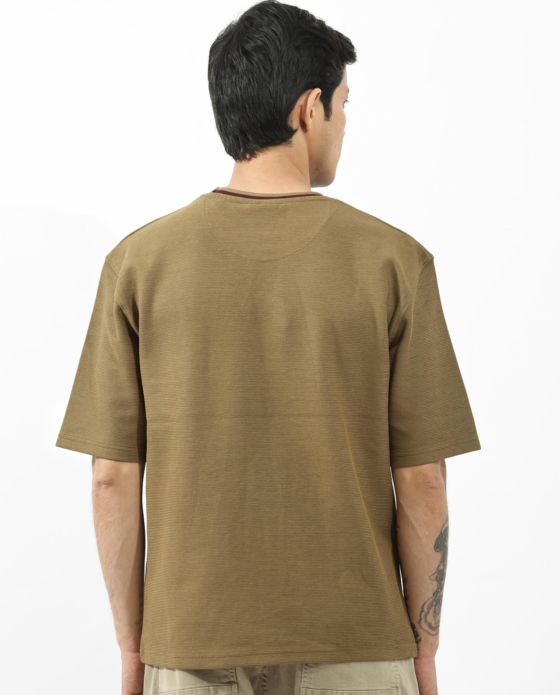 Rare Rabbit Men's Adiso Dusky Mustard Cotton Fabric Half Sleeves Oversized Textured T-Shirt