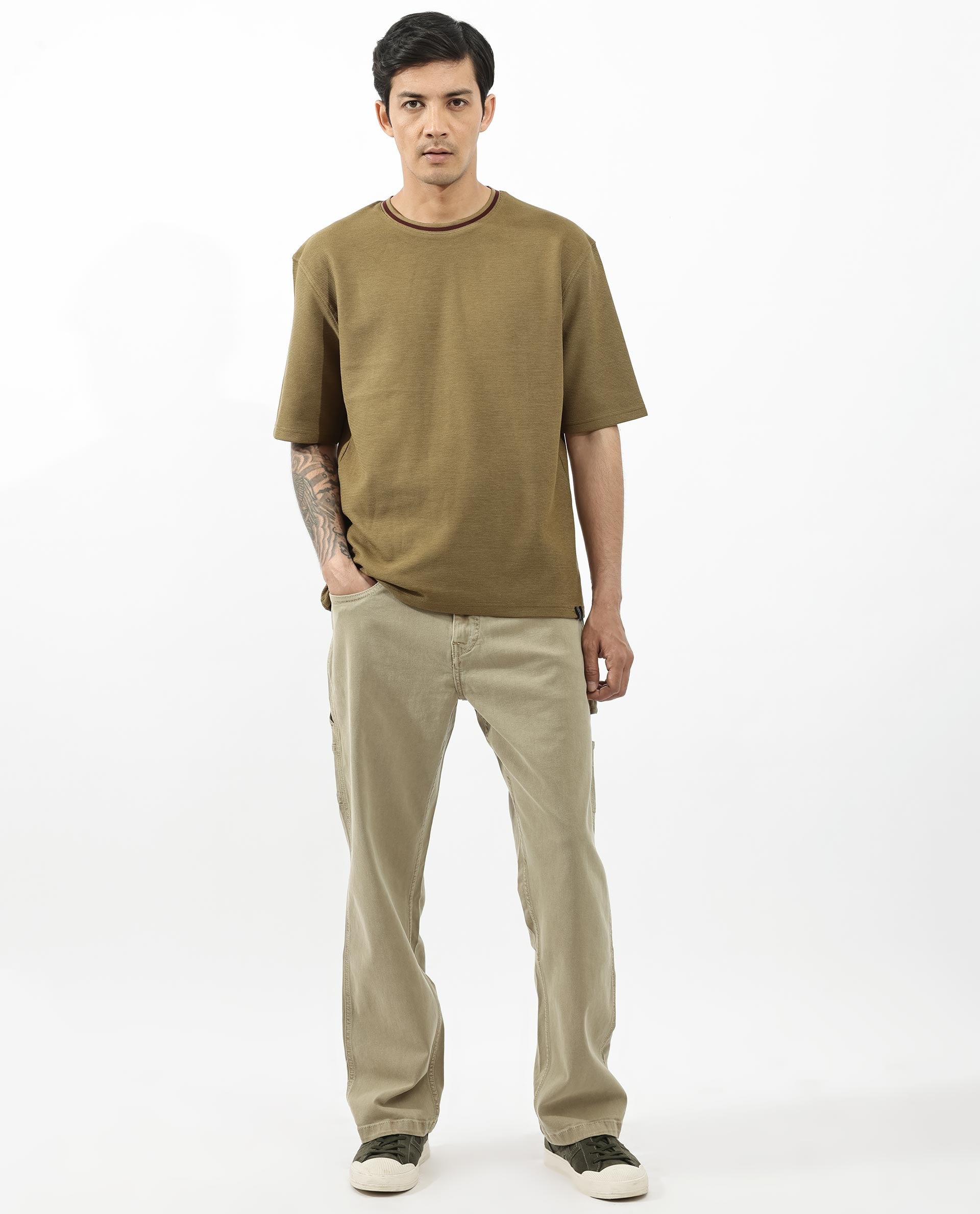 Rare Rabbit Men's Adiso Dusky Mustard Cotton Fabric Half Sleeves Oversized Textured T-Shirt