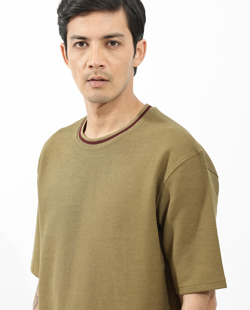 Rare Rabbit Men's Adiso Dusky Mustard Cotton Fabric Half Sleeves Oversized Textured T-Shirt