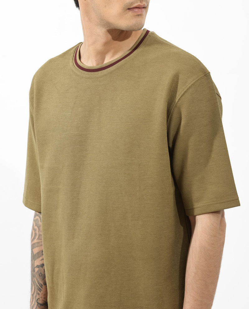 Rare Rabbit Men's Adiso Dusky Mustard Cotton Fabric Half Sleeves Oversized Textured T-Shirt