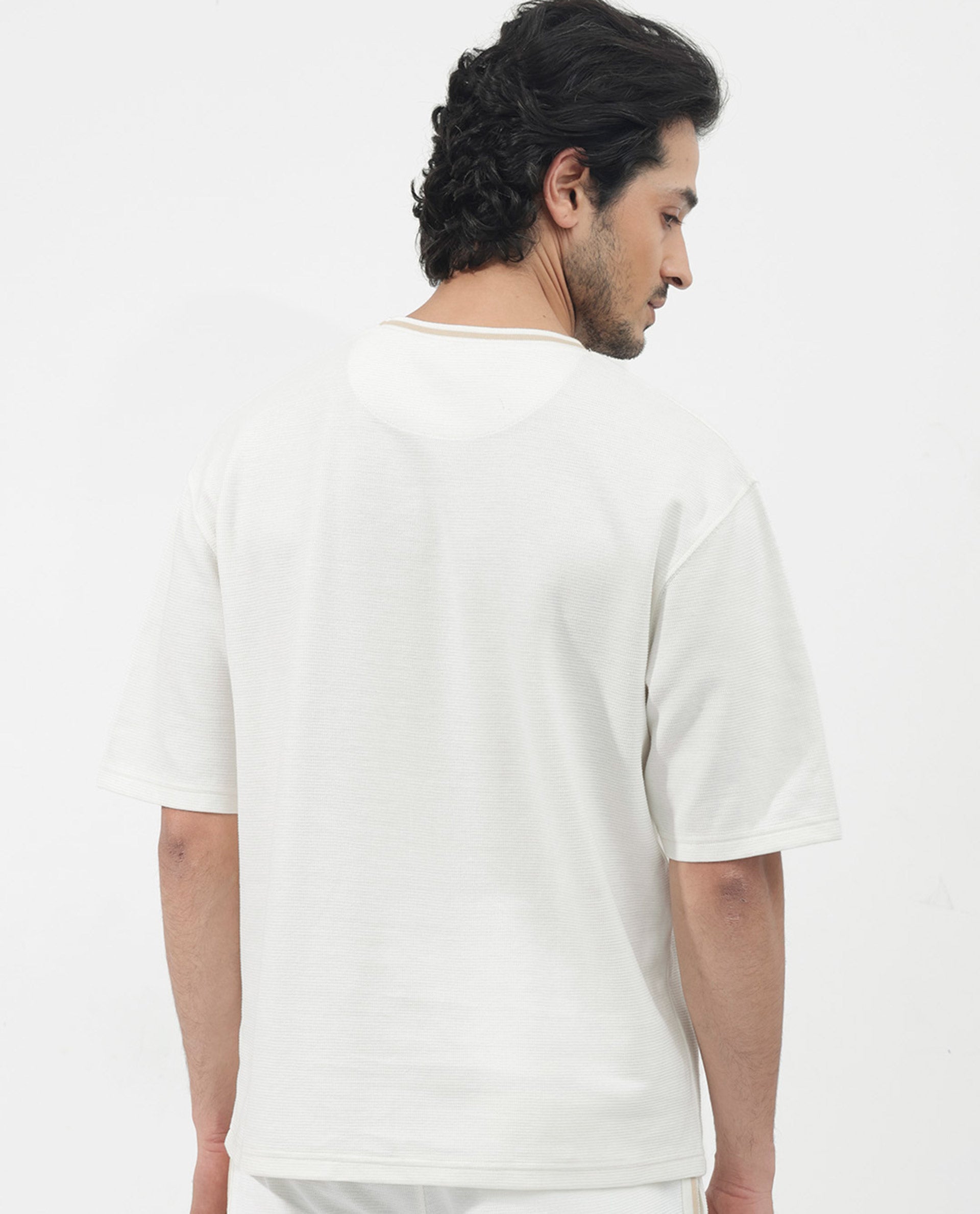 Rare Rabbit Men's Adiso-1 Off White Cotton Blend Fabric Short Sleeve Crew Neck Oversized Fit Plain T-Shirt