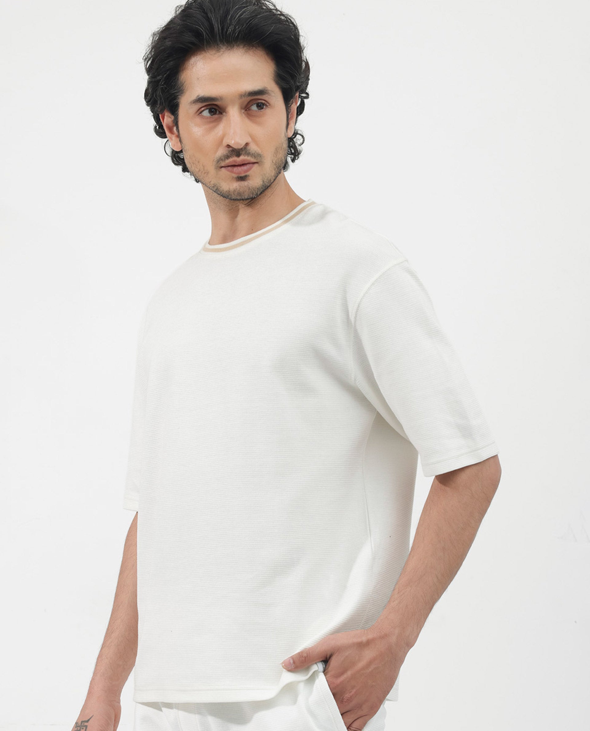 Rare Rabbit Men's Adiso-1 Off White Cotton Blend Fabric Short Sleeve Crew Neck Oversized Fit Plain T-Shirt