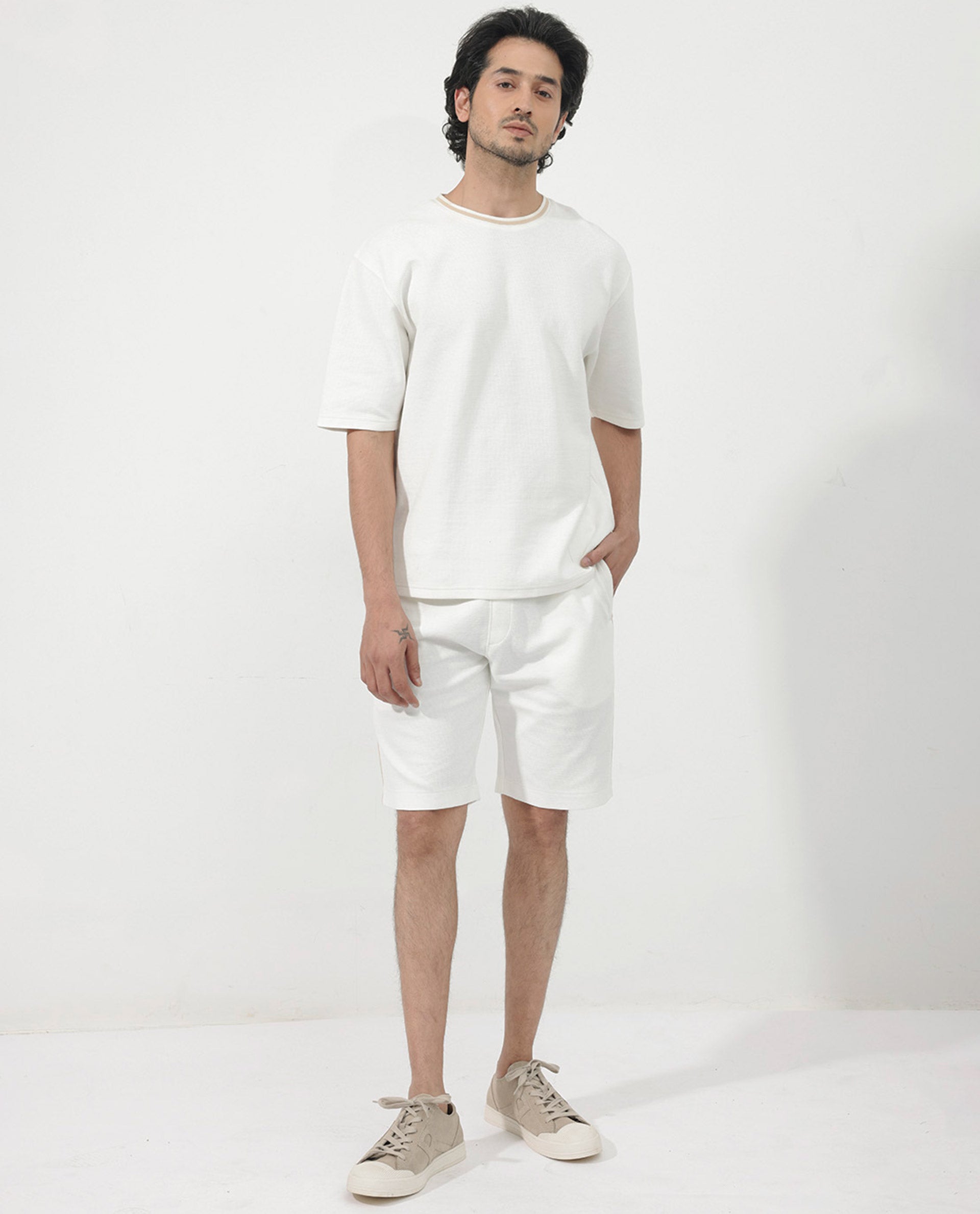 Rare Rabbit Men's Adiso-1 Off White Cotton Blend Fabric Short Sleeve Crew Neck Oversized Fit Plain T-Shirt