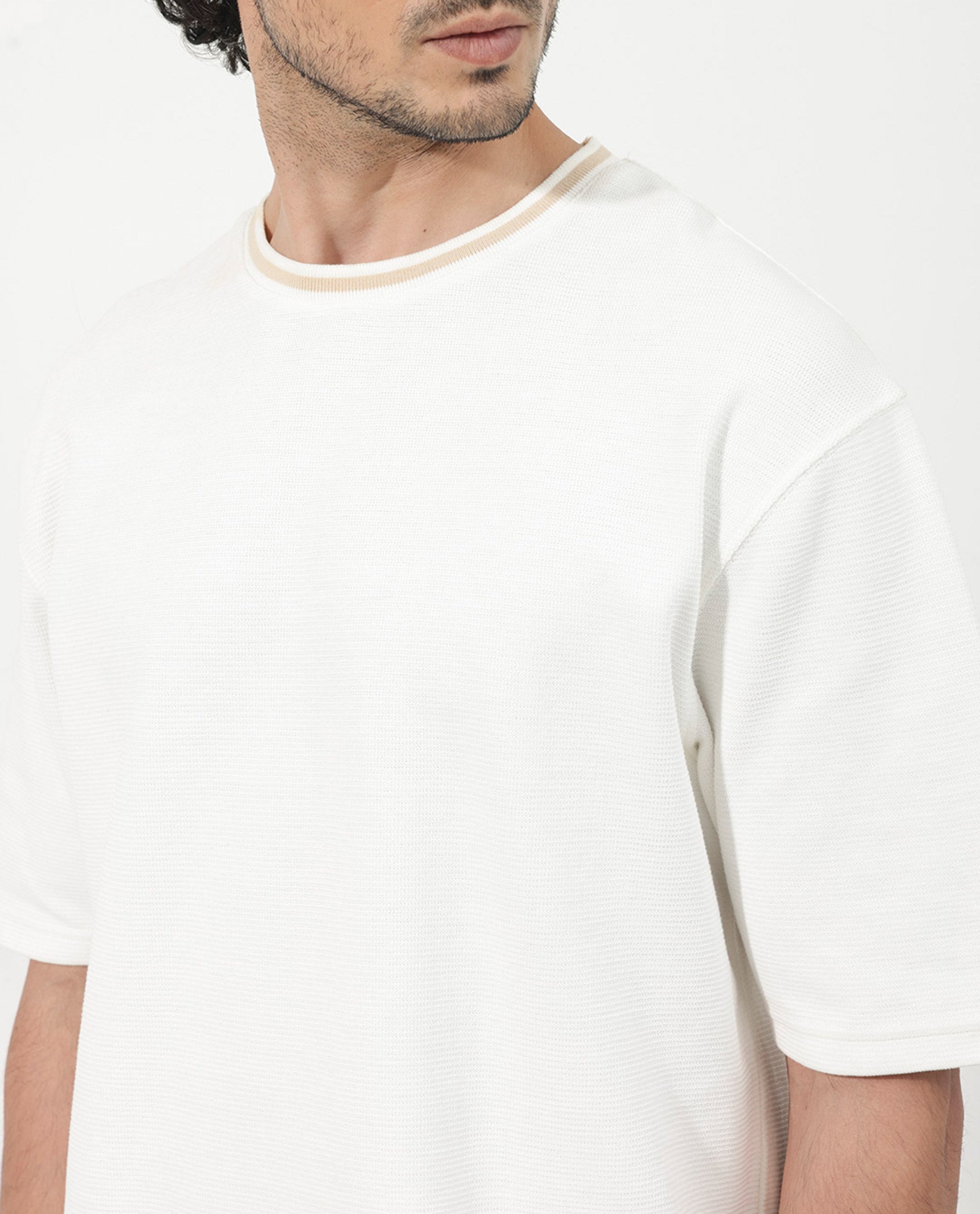 Rare Rabbit Men's Adiso-1 Off White Cotton Blend Fabric Short Sleeve Crew Neck Oversized Fit Plain T-Shirt