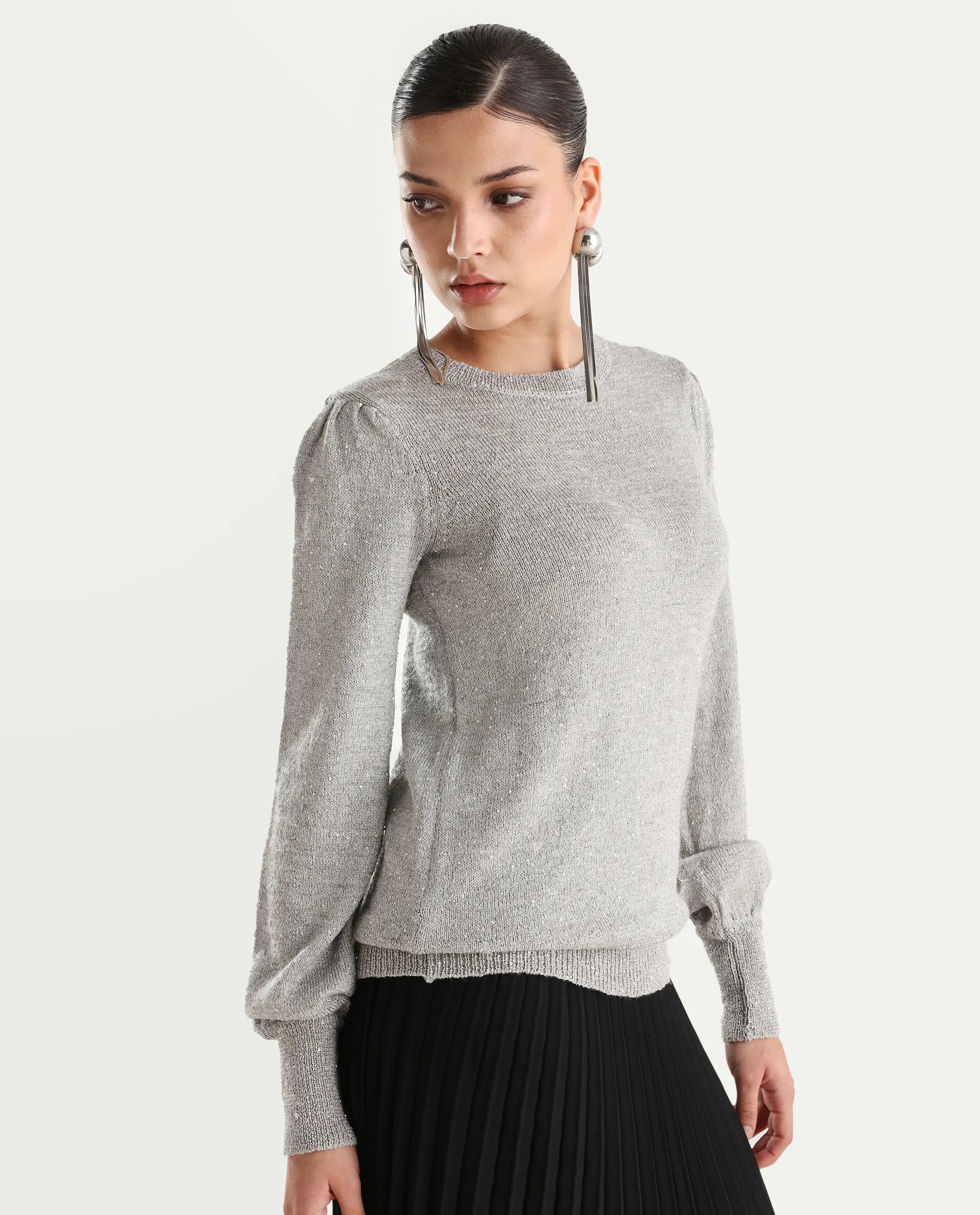 Rareism Women's Adiyaman T Grey Polyester Crew Neck Plain Regular Fit Sweater