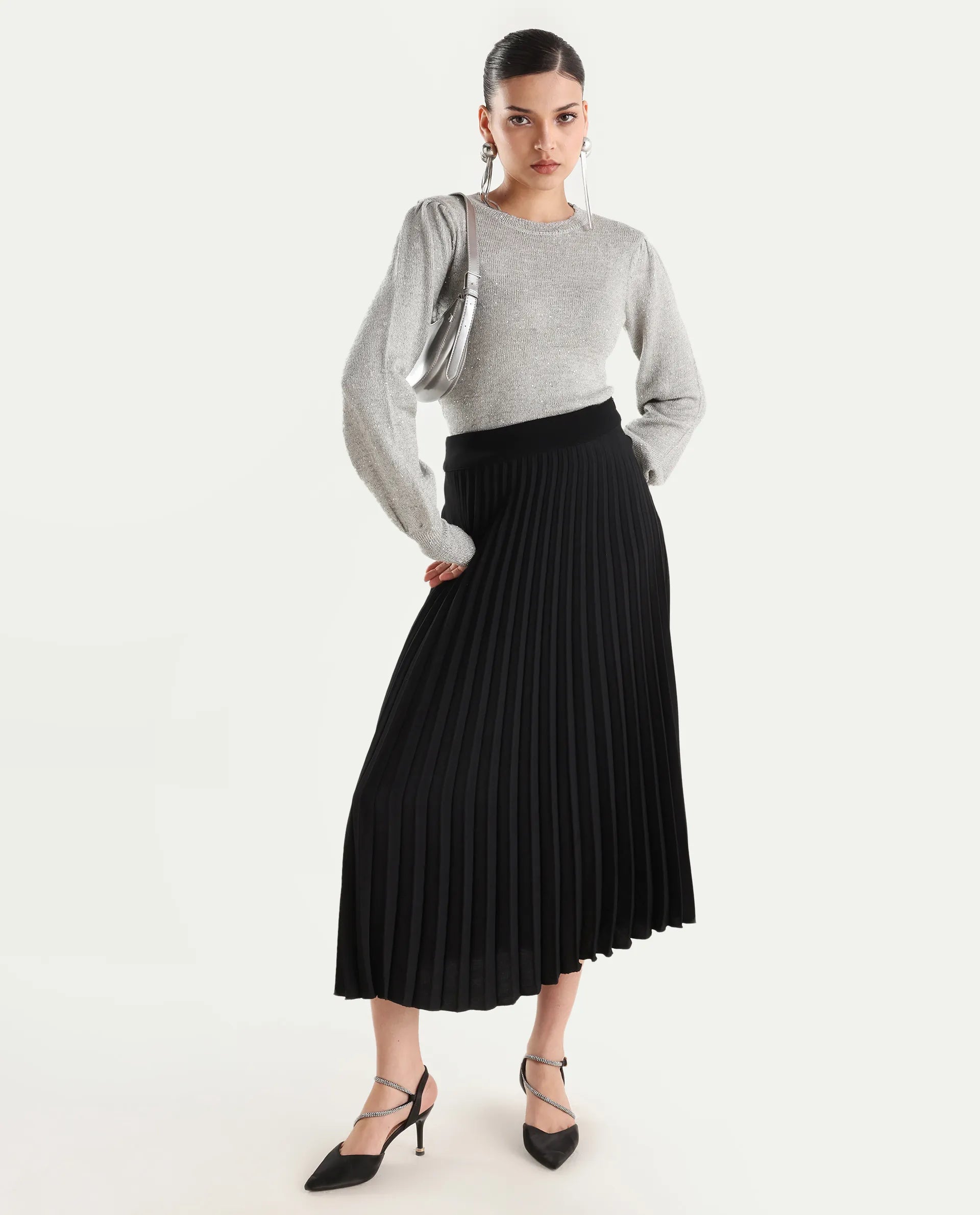 Rareism Women's Adiyaman T Grey Polyester Crew Neck Plain Regular Fit Sweater