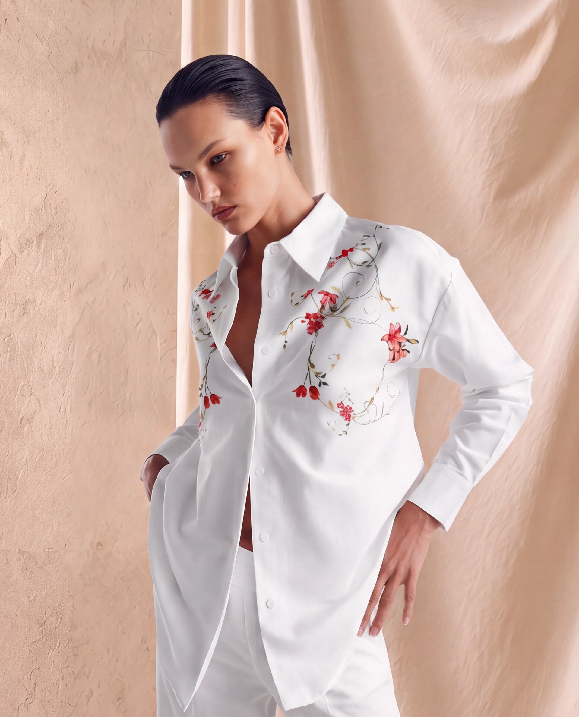 Rareism Women's Aerie Off White Cotton Satin Full Sleeve Oversize Fit Floral Print Shirt