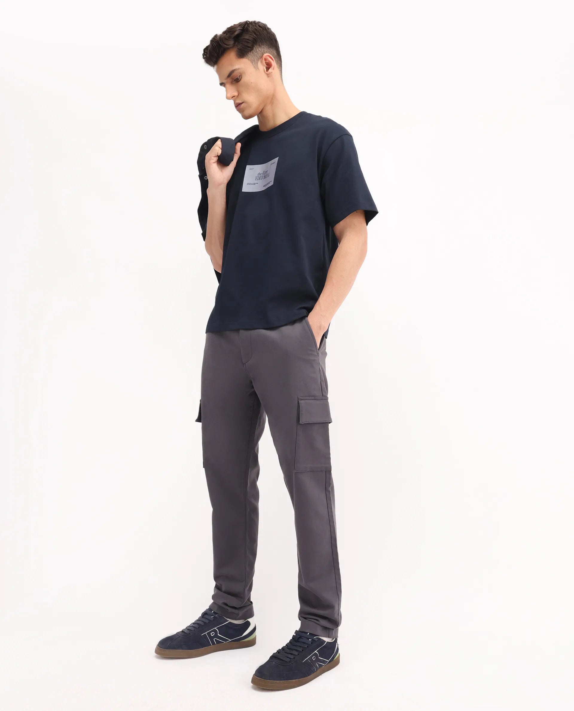 Rare Rabbit Men's Aero Dark Grey Cotton Blend Plain Relaxed Fit Trouser