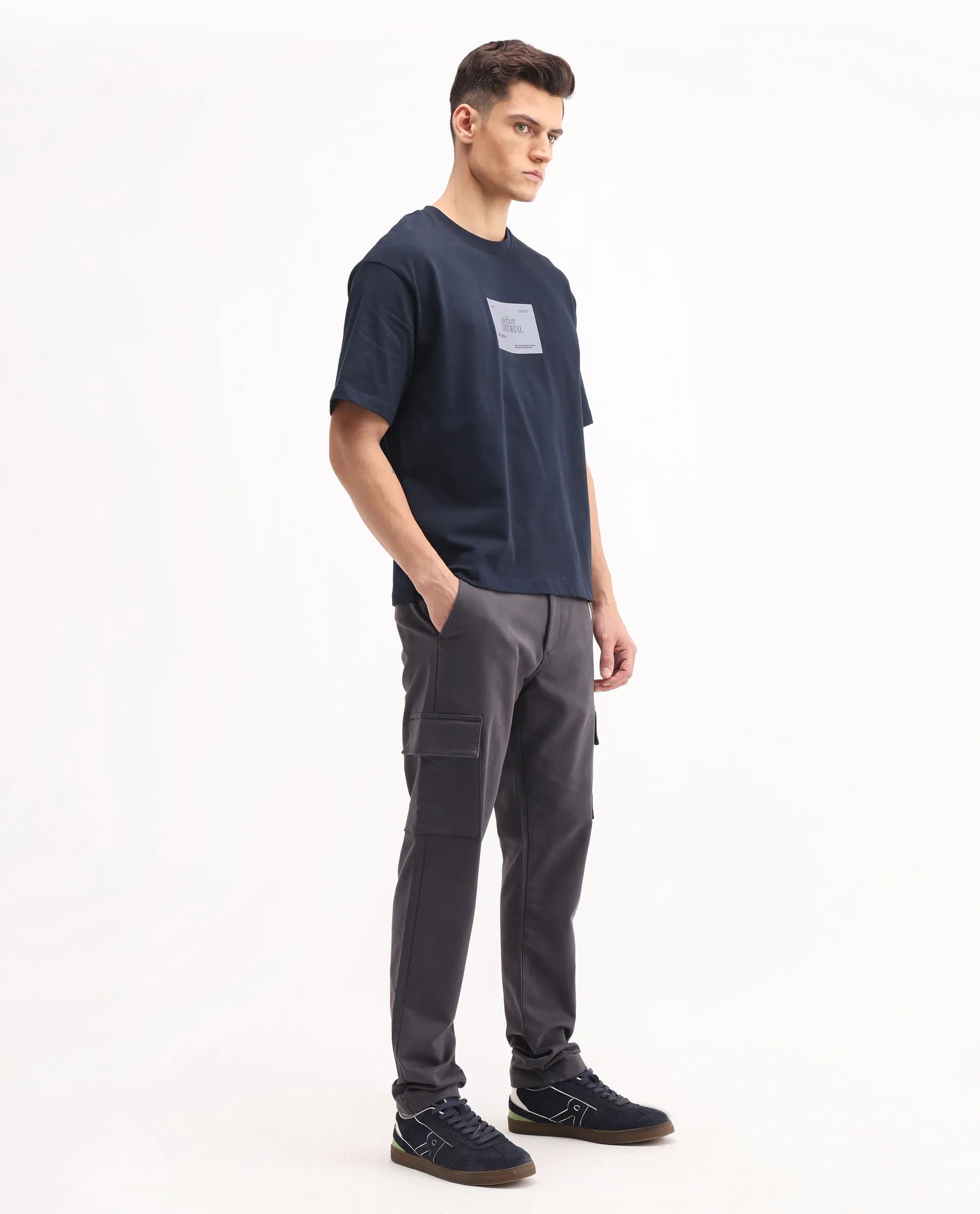 Rare Rabbit Men's Aero Dark Grey Cotton Blend Plain Relaxed Fit Trouser