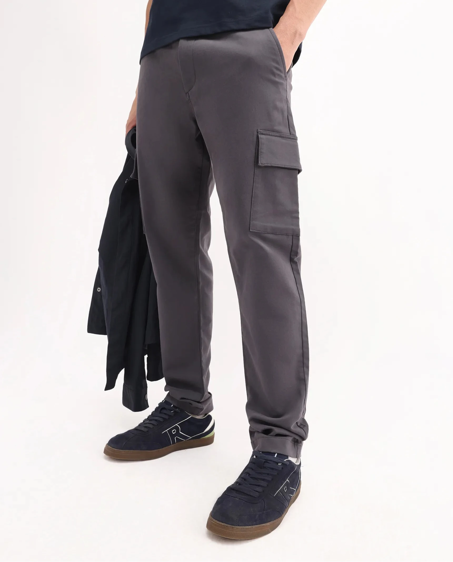 Rare Rabbit Men's Aero Dark Grey Cotton Blend Plain Relaxed Fit Trouser