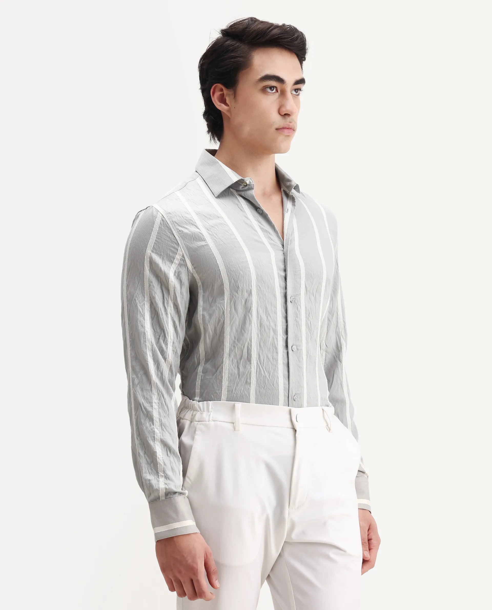 Rare Rabbit Men's Aero Grey Viscose Fabric Spread Collar Regular Fit Striped Shirt