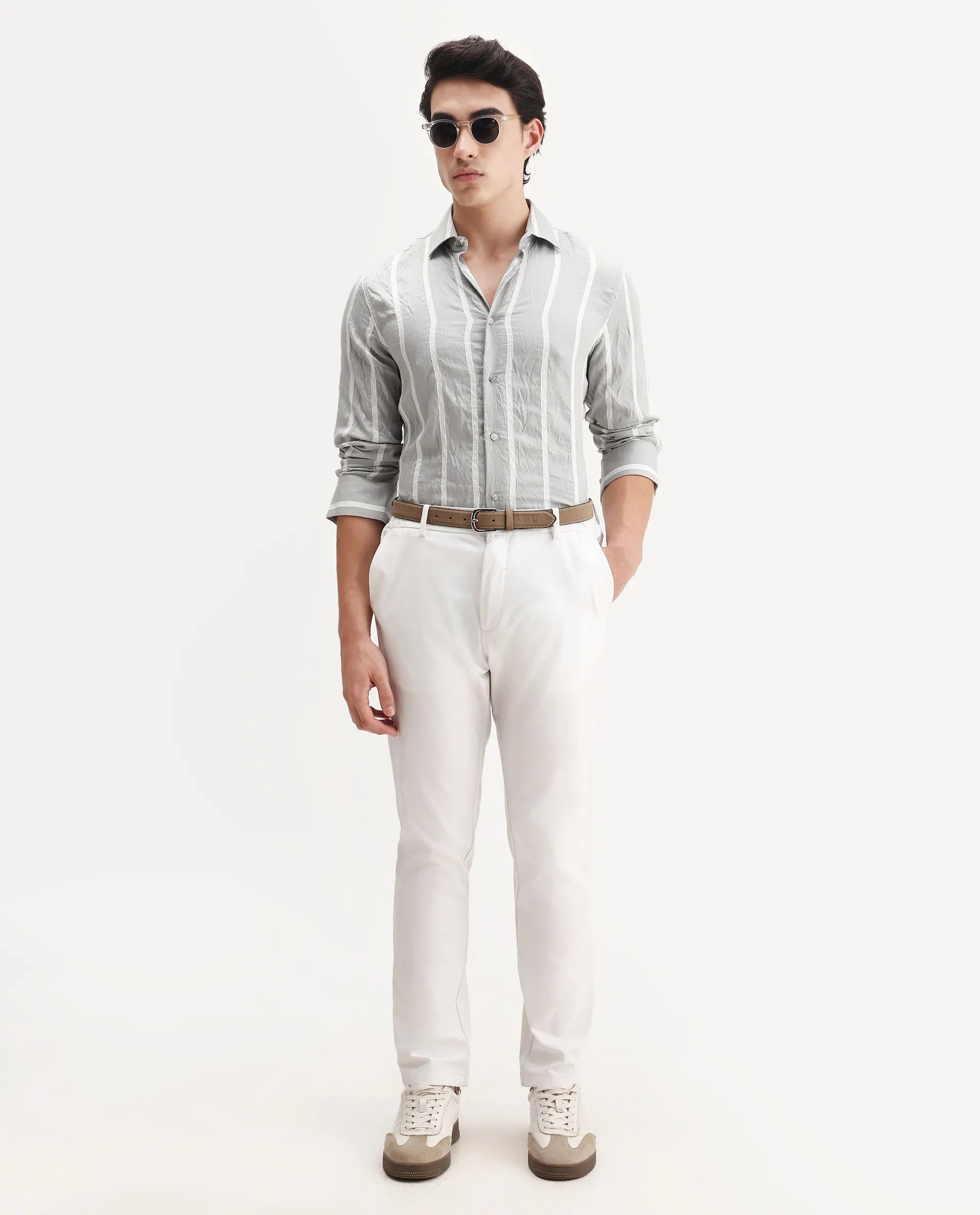 Rare Rabbit Men's Aero Grey Viscose Fabric Spread Collar Regular Fit Striped Shirt