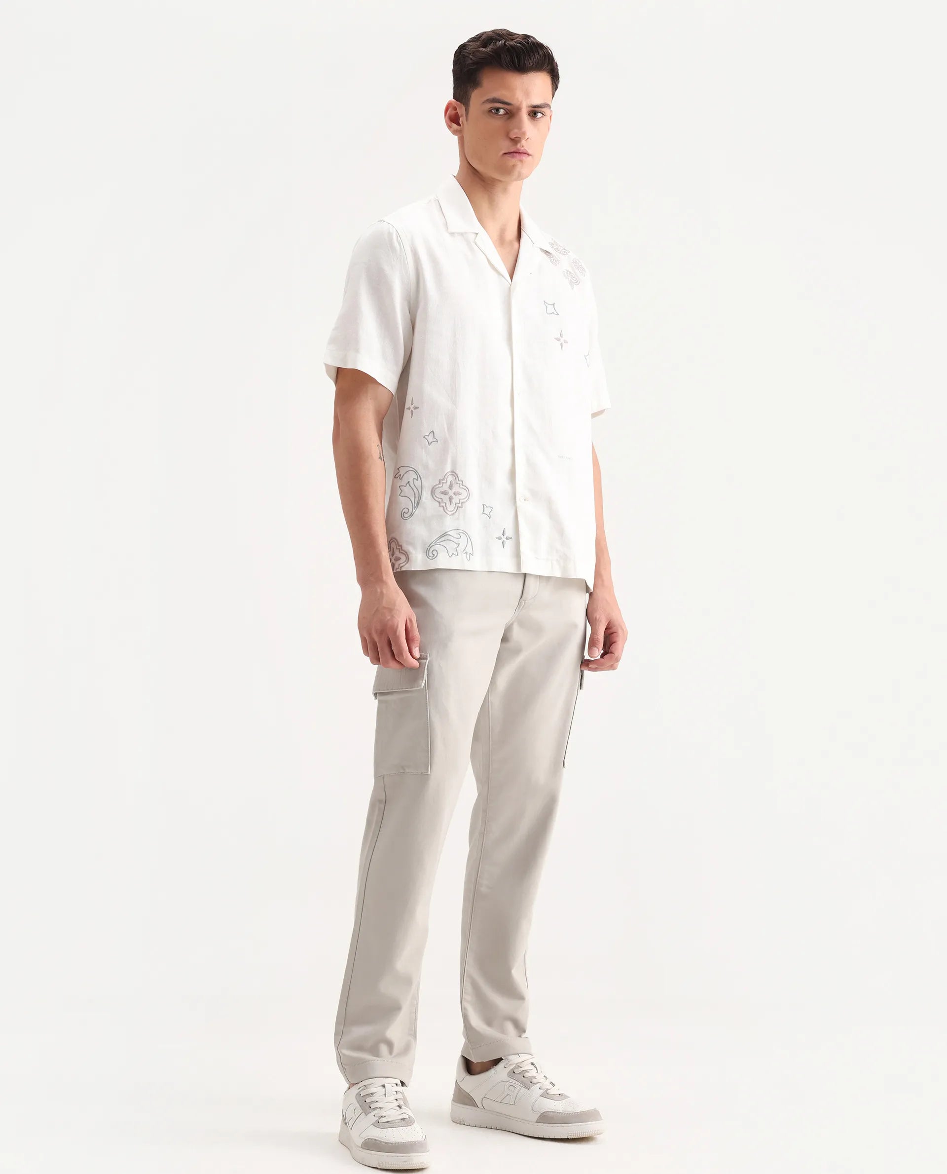 Rare Rabbit Men's Aero Light Grey Cotton Blend Plain Relaxed Fit Trouser