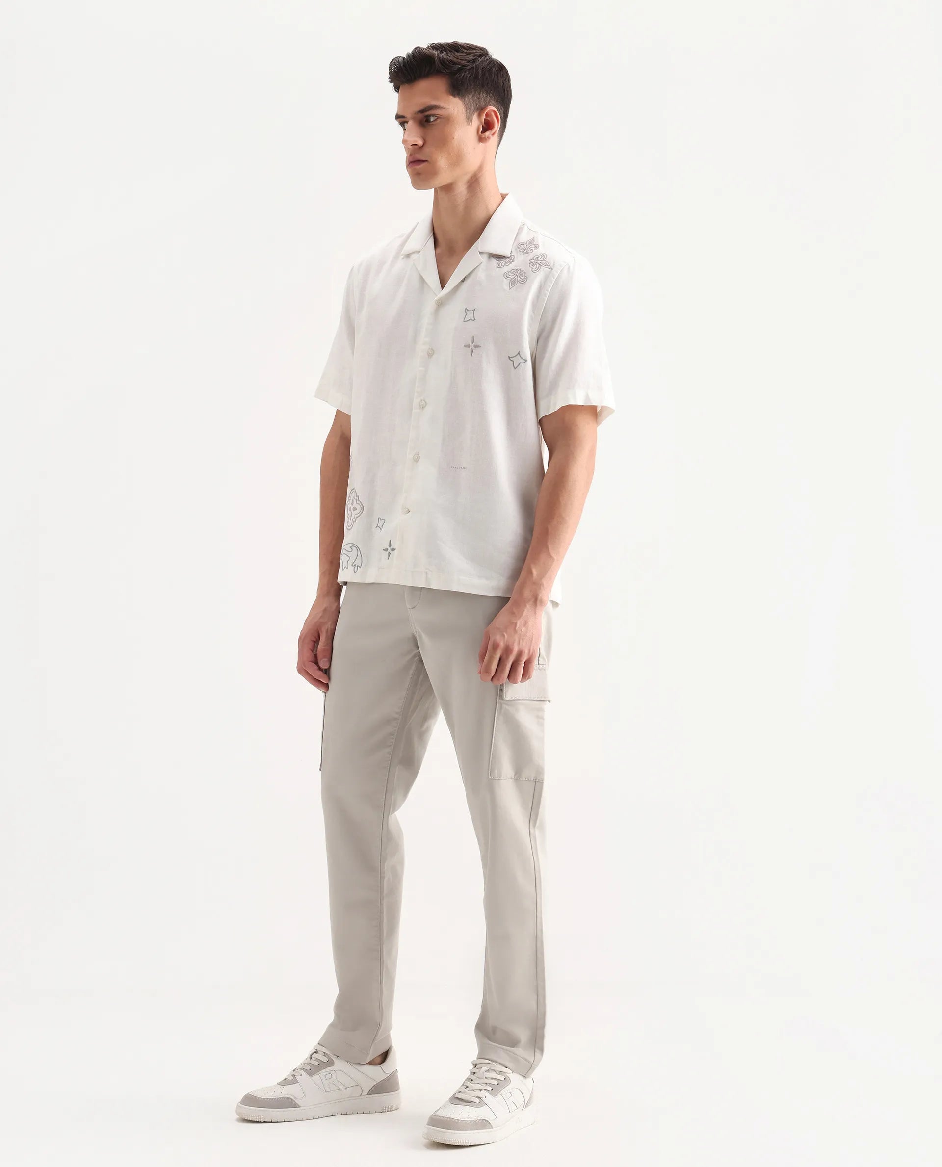 Rare Rabbit Men's Aero Light Grey Cotton Blend Plain Relaxed Fit Trouser