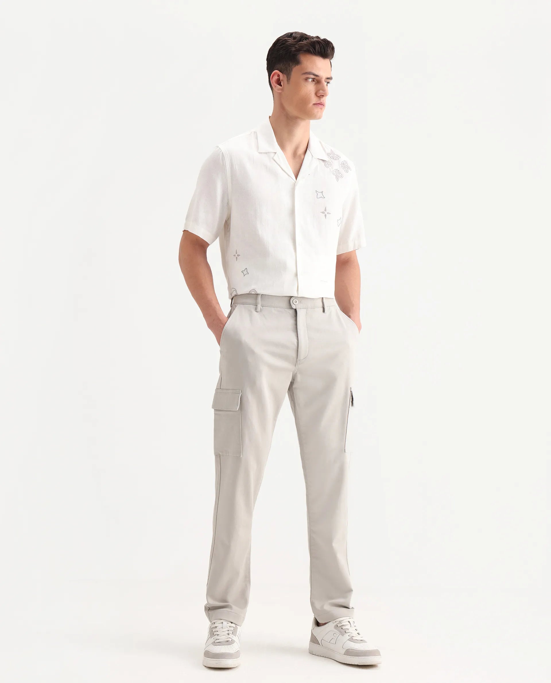 Rare Rabbit Men's Aero Light Grey Cotton Blend Plain Relaxed Fit Trouser