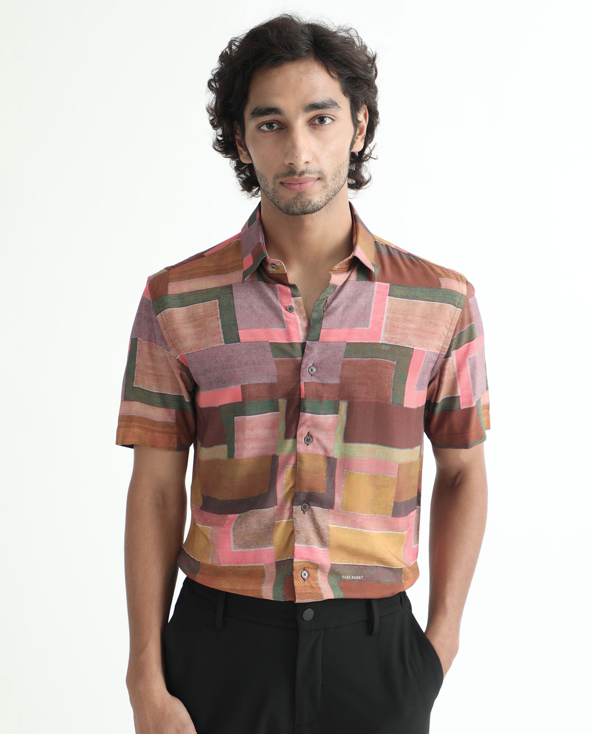 Rare Rabbit Men's Aether Mustard Viscose Fabric Abstract Print Half Sleeves Shirt