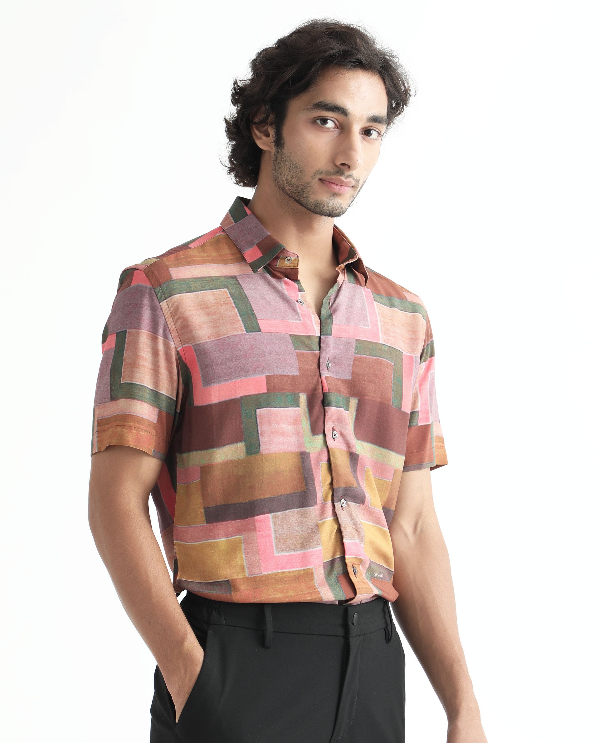 Rare Rabbit Men's Aether Mustard Viscose Fabric Abstract Print Half Sleeves Shirt