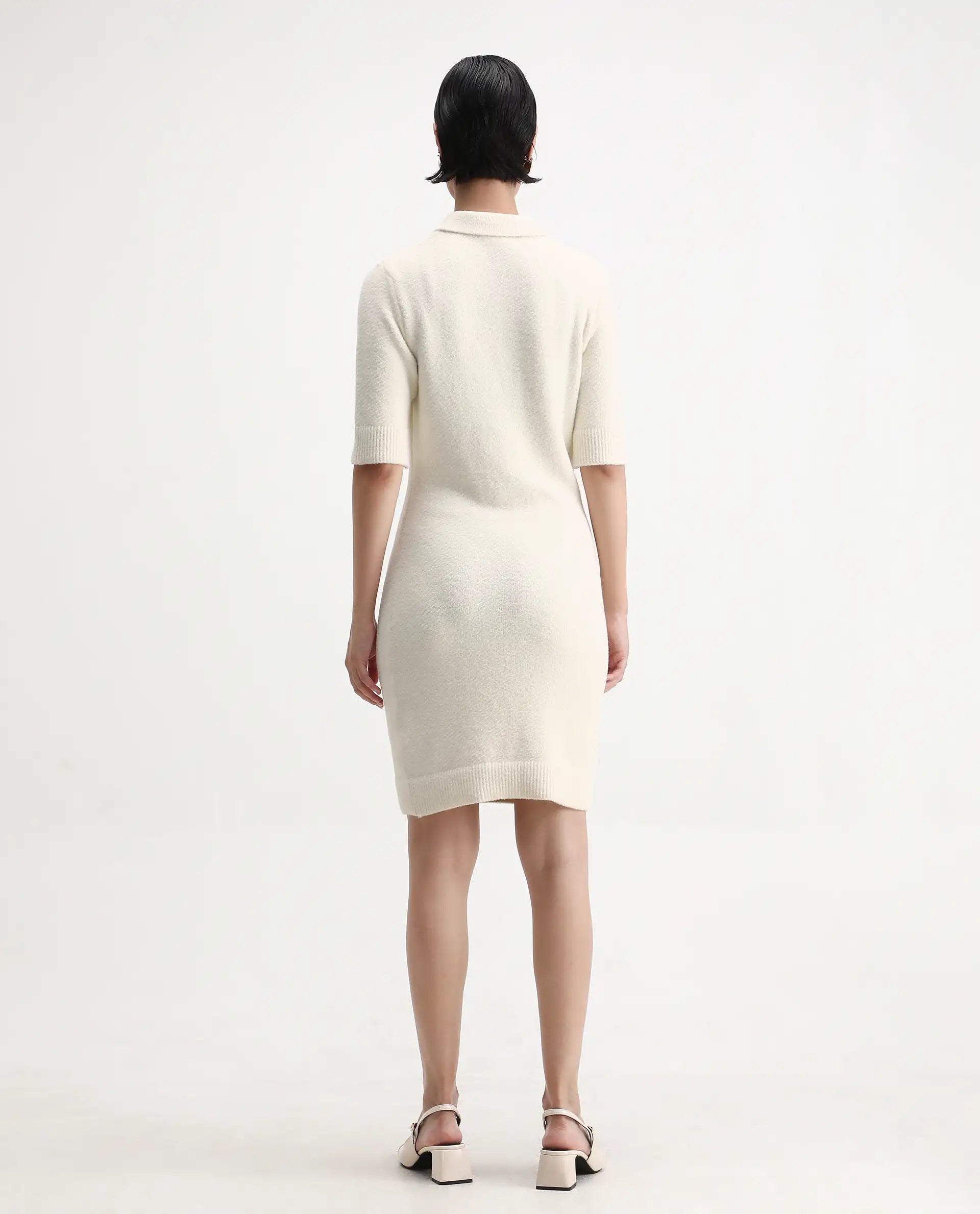 Rareism Women's Afchen Off White Nylon Spread Collar Regular Fit Plain Dress