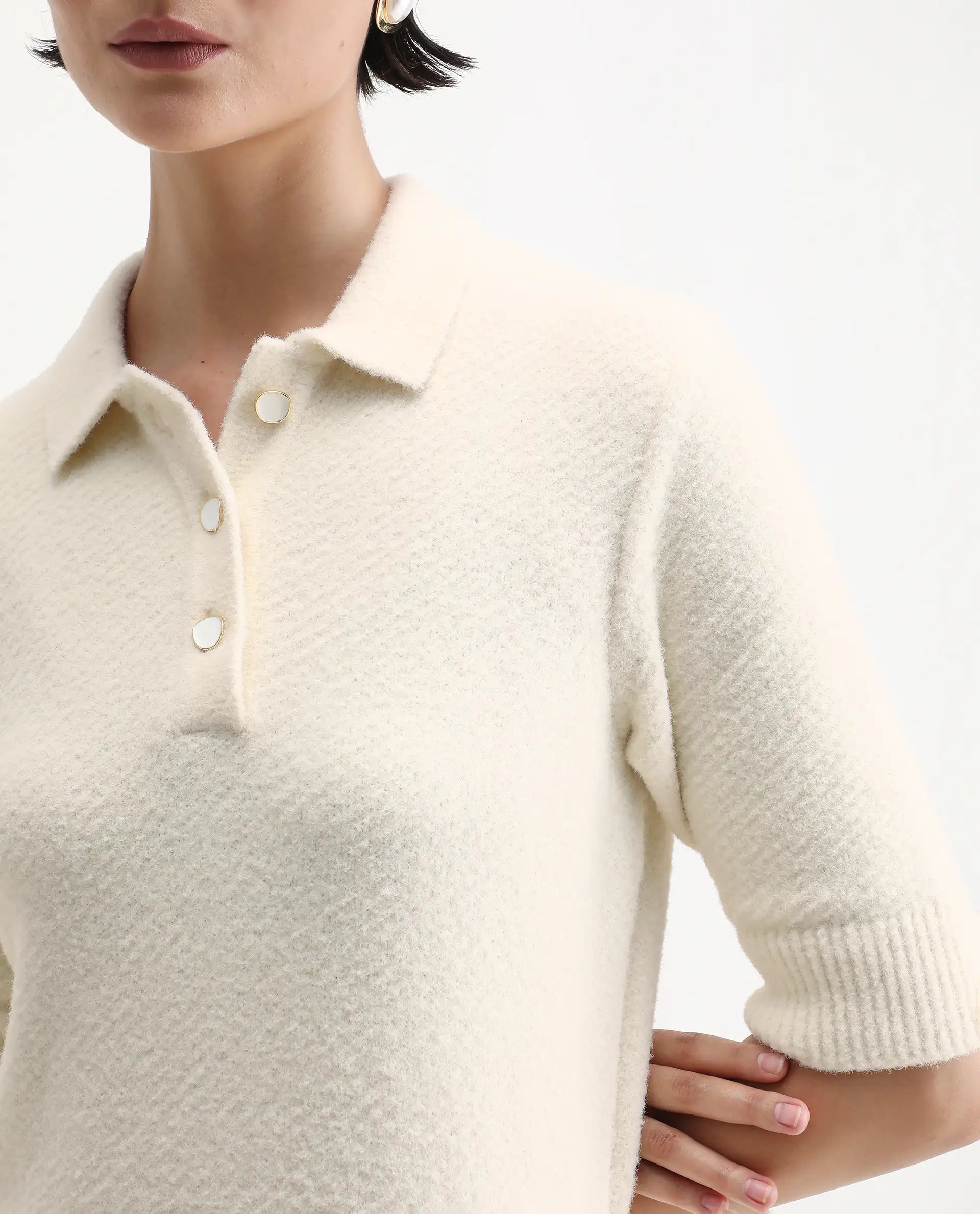 Rareism Women's Afchen Off White Nylon Spread Collar Regular Fit Plain Dress