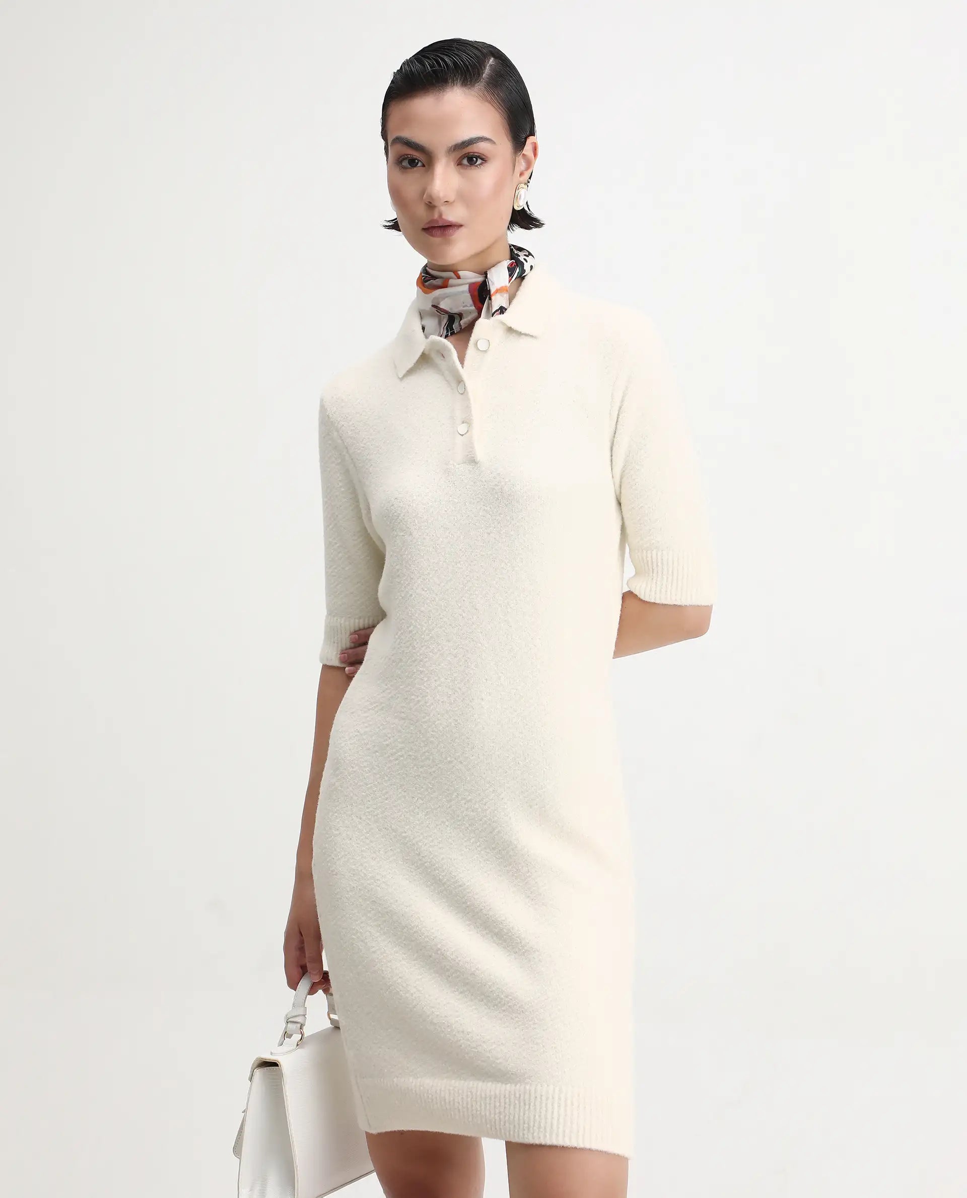 Rareism Women's Afchen Off White Nylon Spread Collar Regular Fit Plain Dress