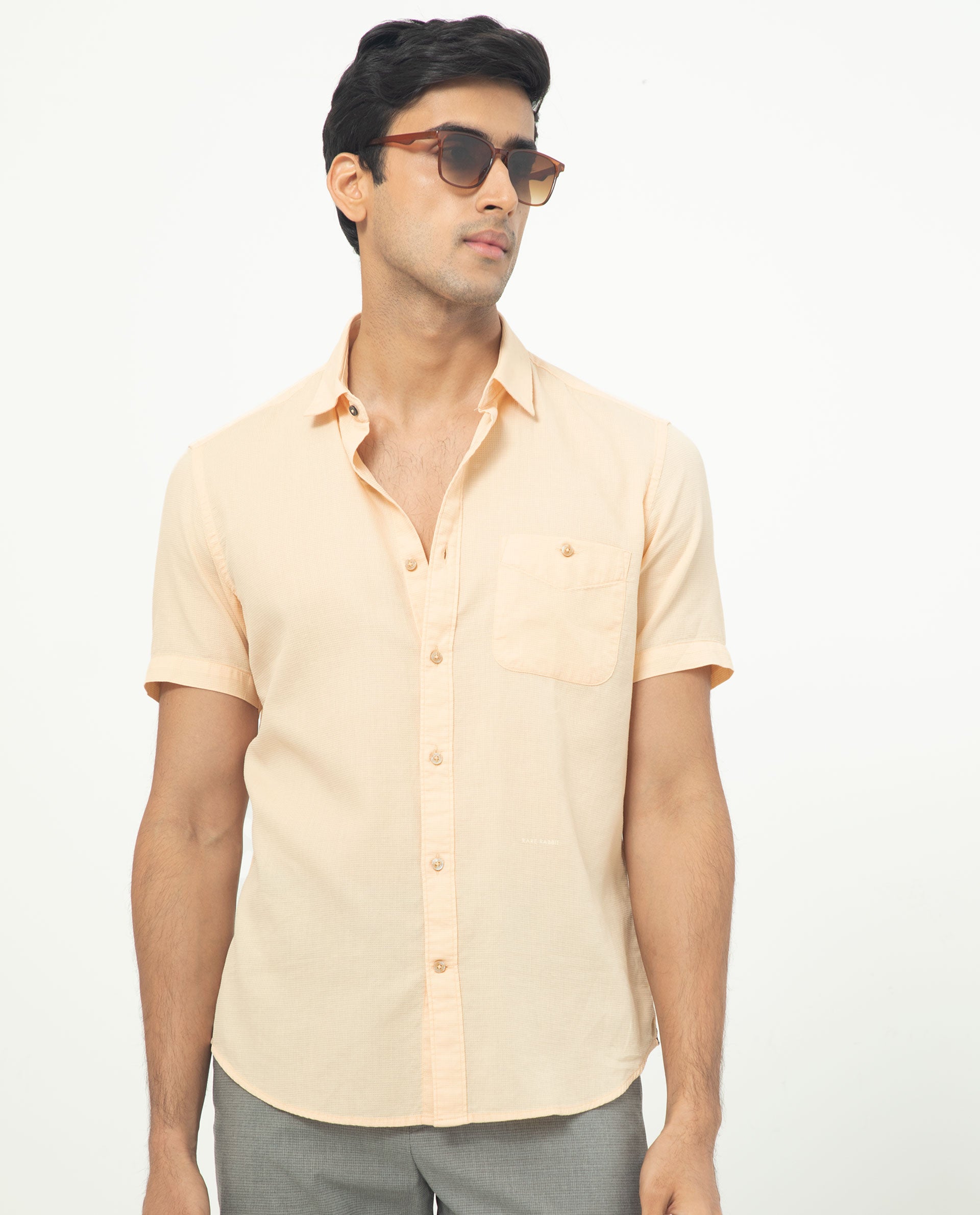 Rare Rabbit Men's Affle Peach Dobby Fabric Half Sleeves Solid Shirt