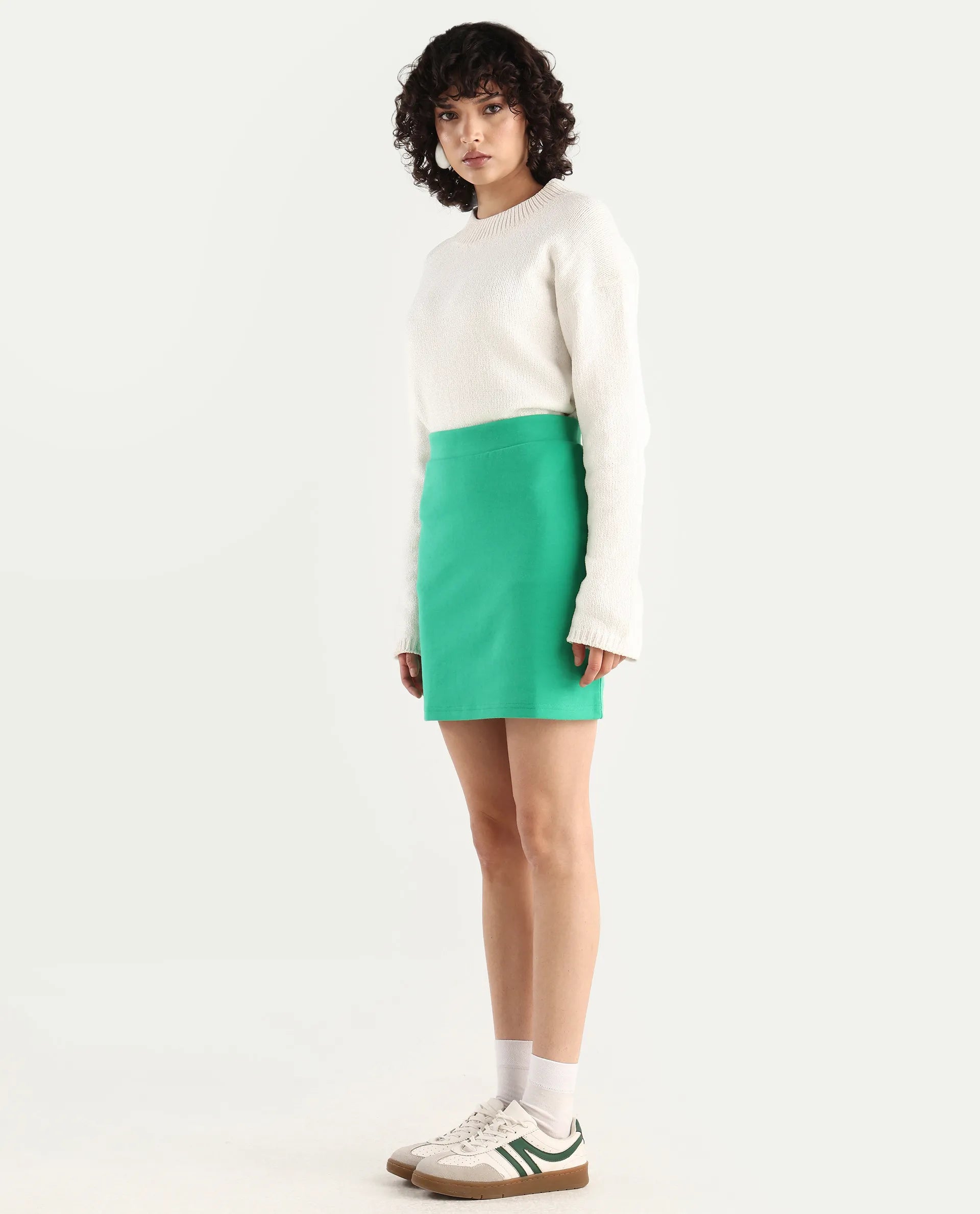 Rareism Women's Afkor B Green Cotton Blend Plain Mini Regular Fit Skirt