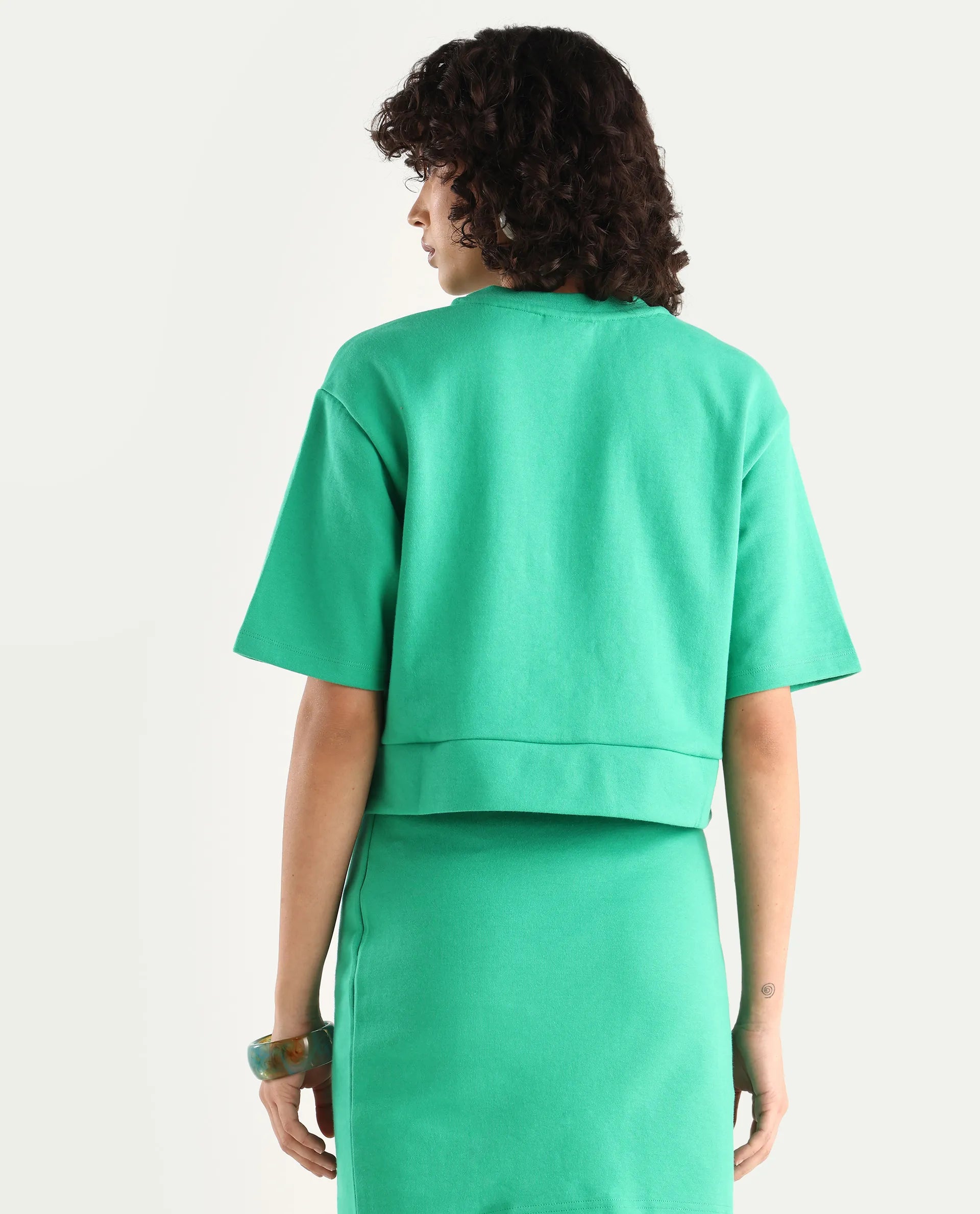 Rareism Women's Afkor T Green Cotton Blend Crew Neck Plain Crop Regular Fit T-Shirt