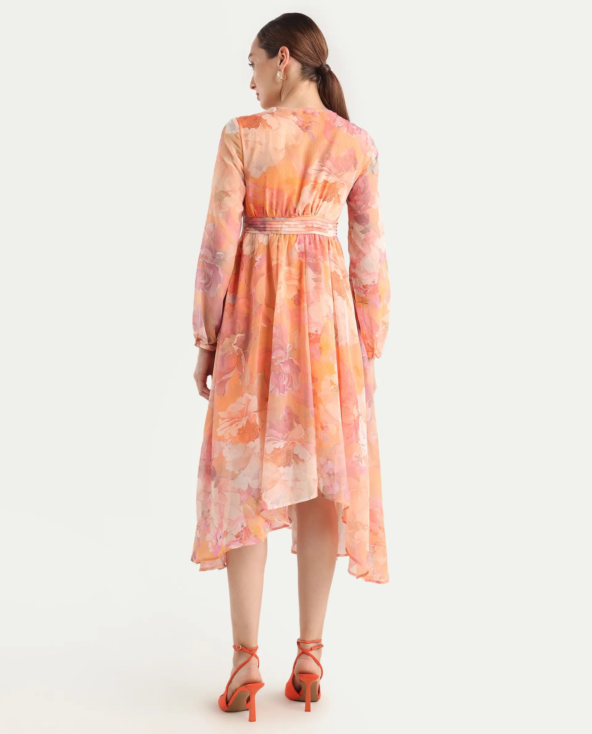 Rareism Women's Afriko Light Multi Polyester V-Neck Fit And Flare Floral Print Dress