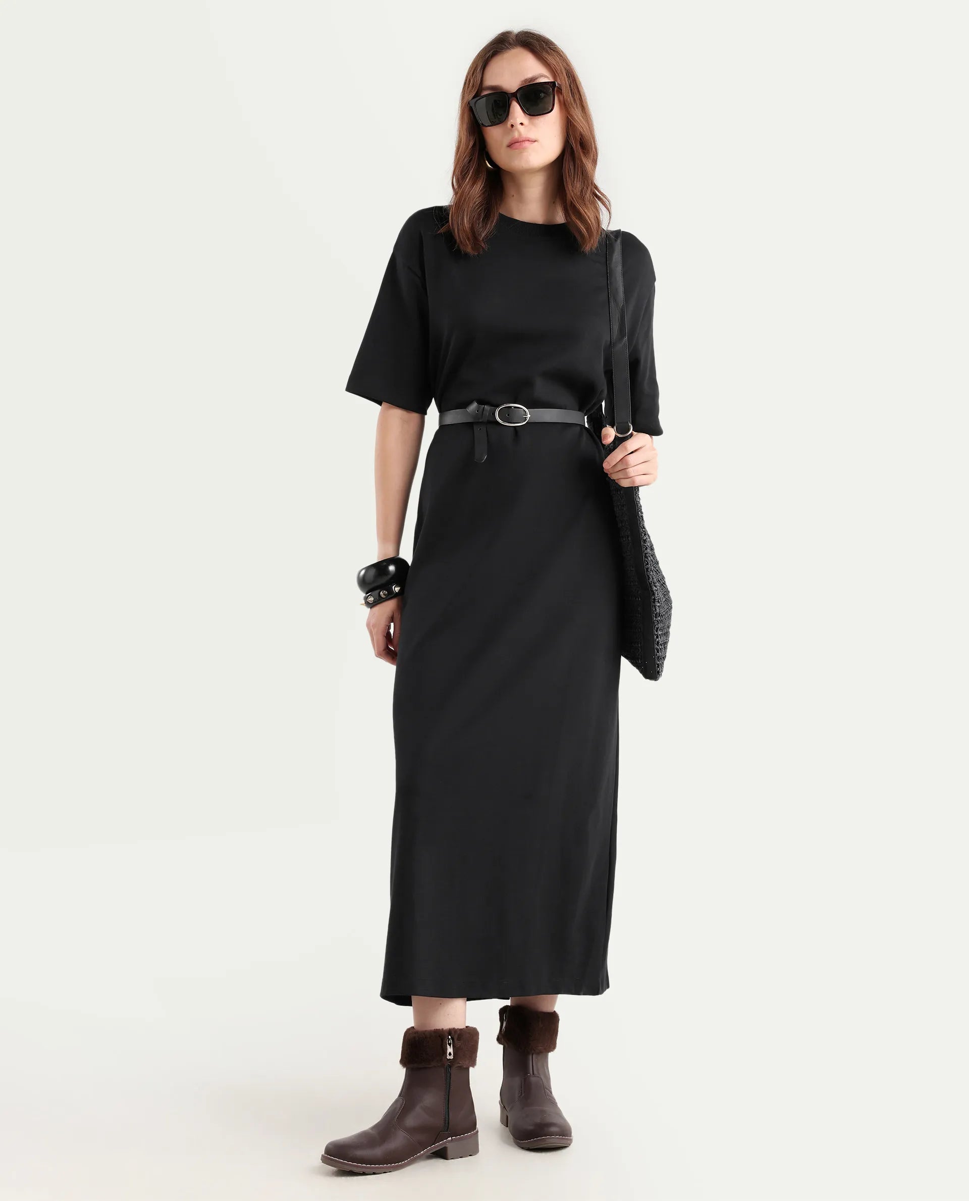 Rareism Women's Afrinca Black Cotton Blend Crew Neck Plain Maxi Relaxed Fit Dress