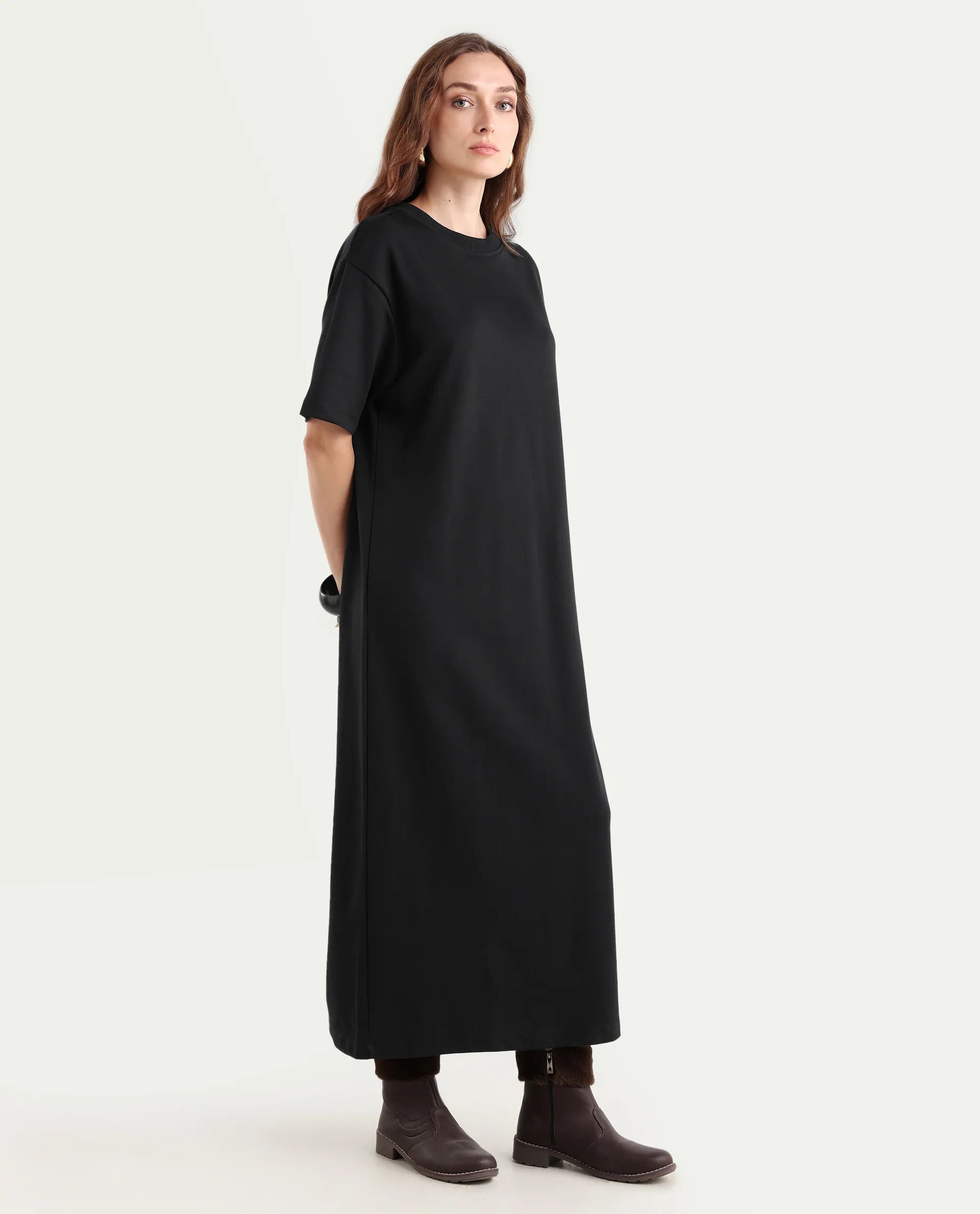Rareism Women's Afrinca Black Cotton Blend Crew Neck Plain Maxi Relaxed Fit Dress