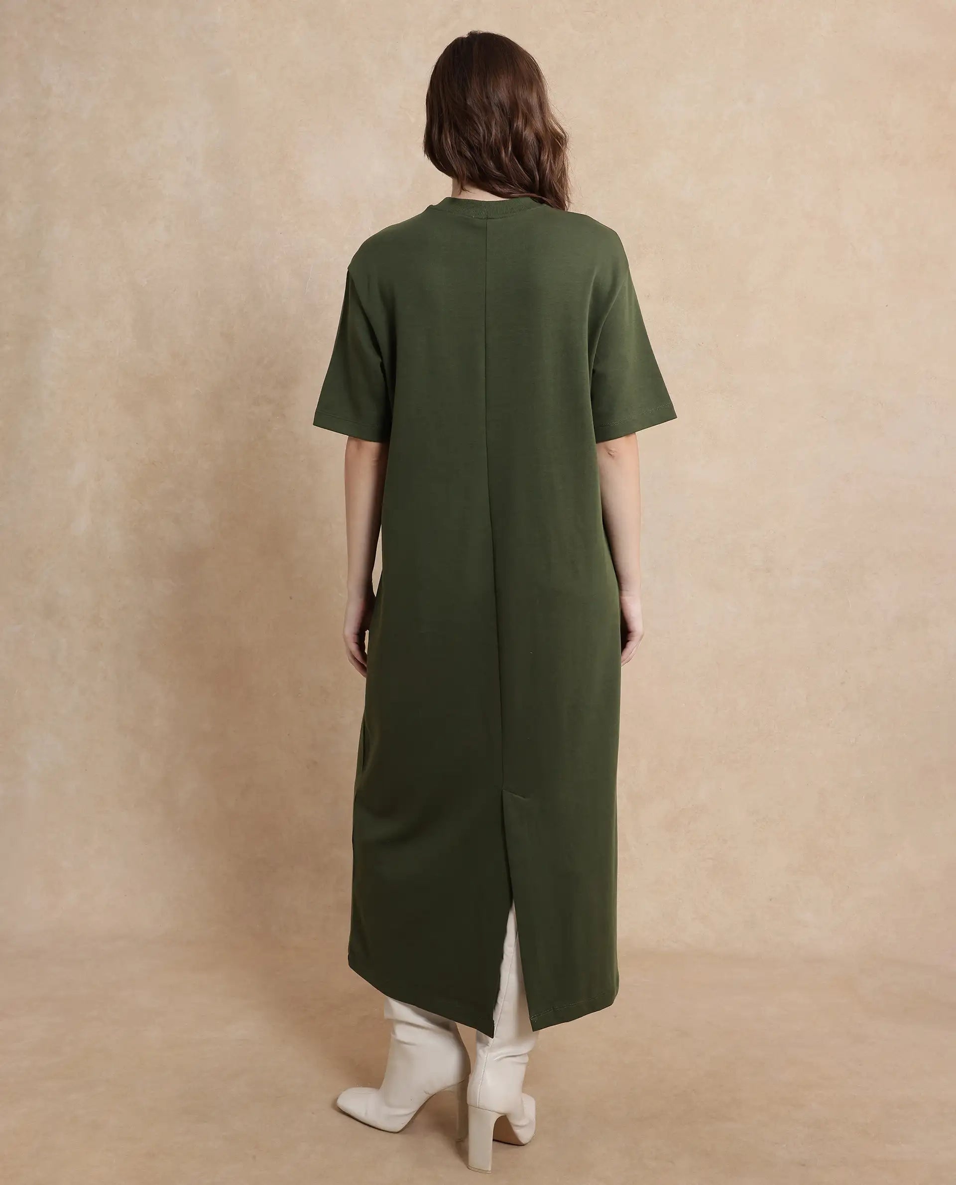 Rareism Women's Afrinca Olive Cotton Blend Fabric Crew Neck  Half Sleeve Plain Relaxed Fit Maxi Dress