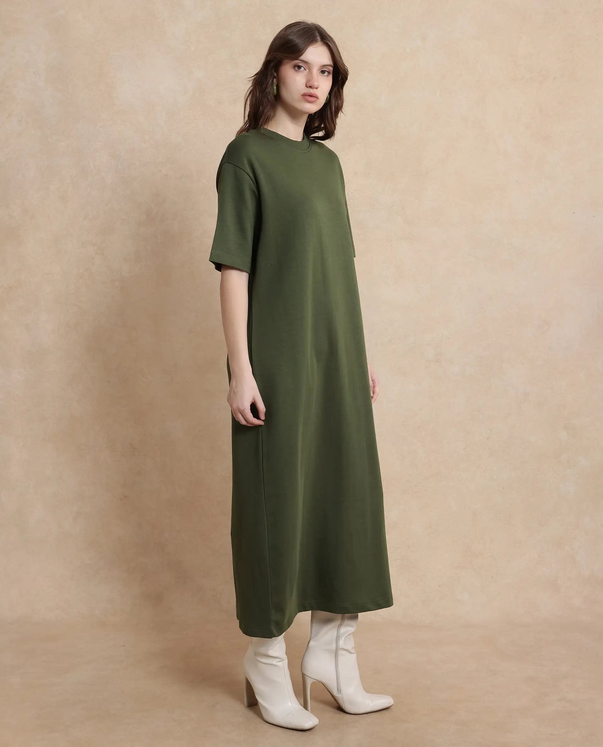 Rareism Women's Afrinca Olive Cotton Blend Fabric Crew Neck  Half Sleeve Plain Relaxed Fit Maxi Dress