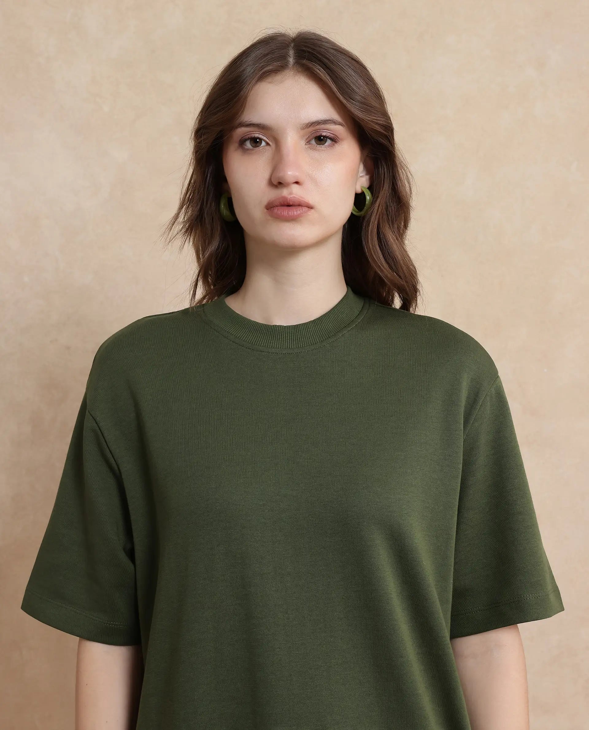 Rareism Women's Afrinca Olive Cotton Blend Fabric Crew Neck  Half Sleeve Plain Relaxed Fit Maxi Dress