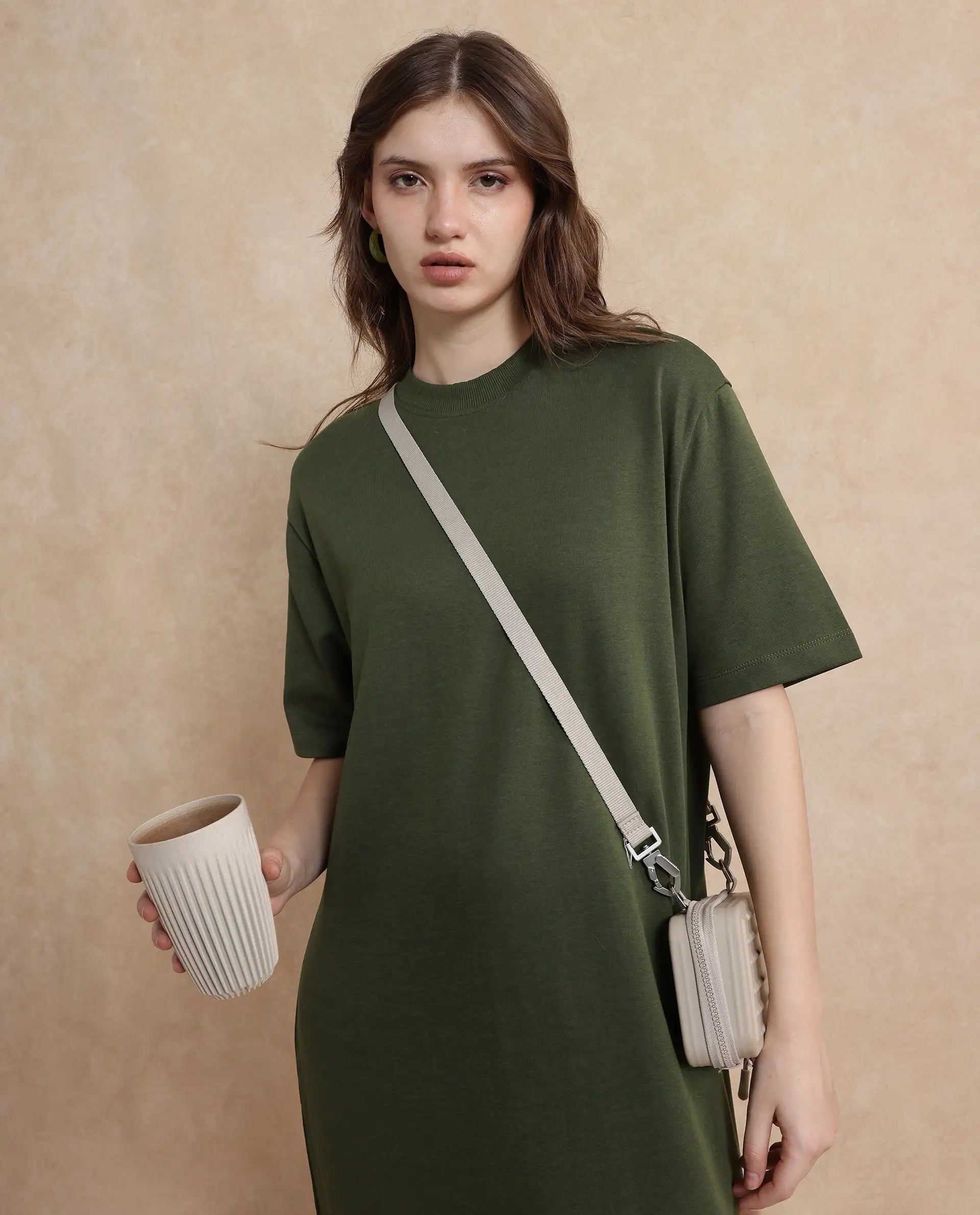 Rareism Women's Afrinca Olive Cotton Blend Fabric Crew Neck  Half Sleeve Plain Relaxed Fit Maxi Dress