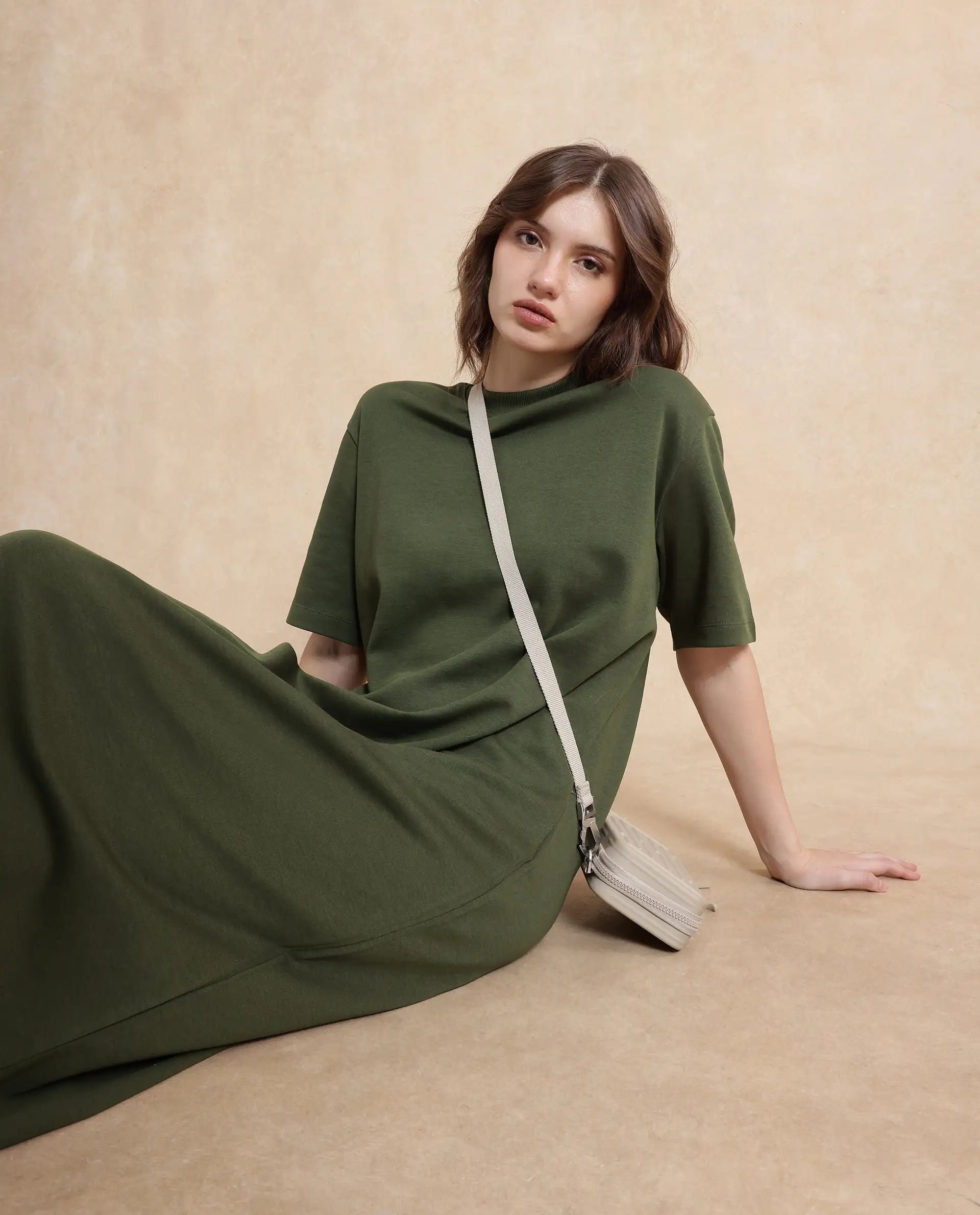 Rareism Women's Afrinca Olive Cotton Blend Fabric Crew Neck  Half Sleeve Plain Relaxed Fit Maxi Dress