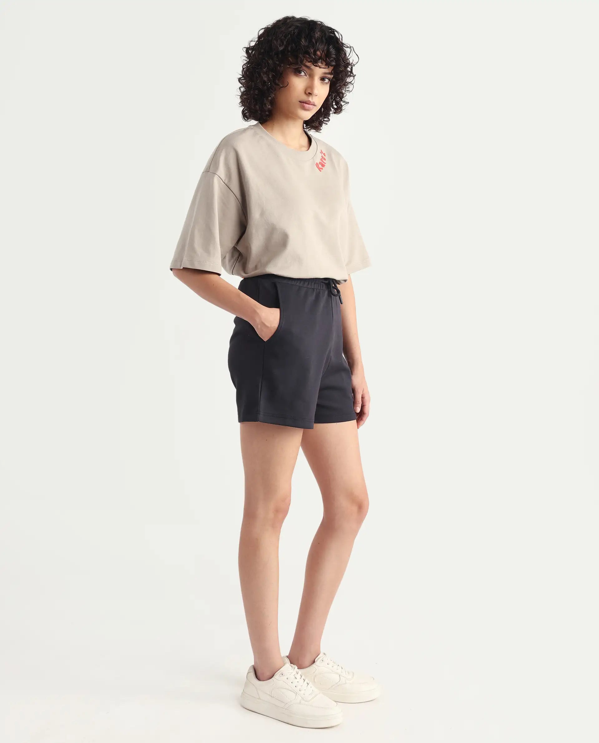 Rareism Women's Aftok B Black Cotton Blend Plain Mini Regular Fit Shorts