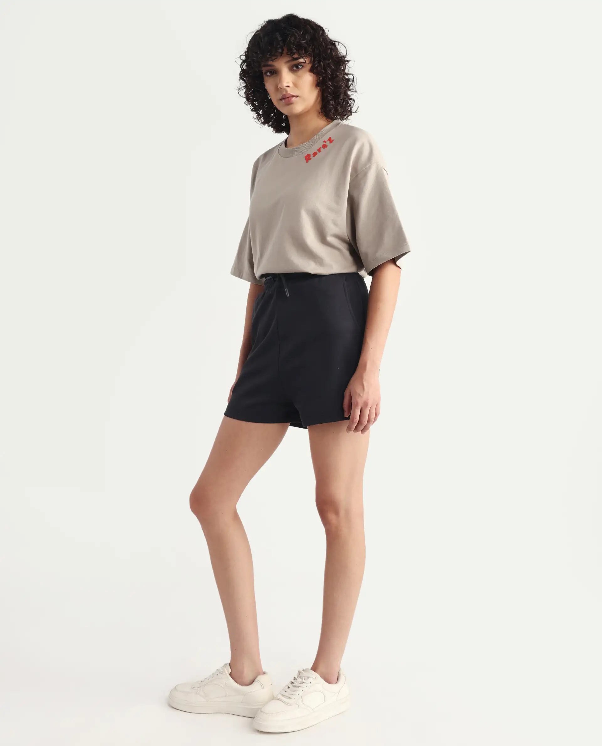 Rareism Women's Aftok B Black Cotton Blend Plain Mini Regular Fit Shorts