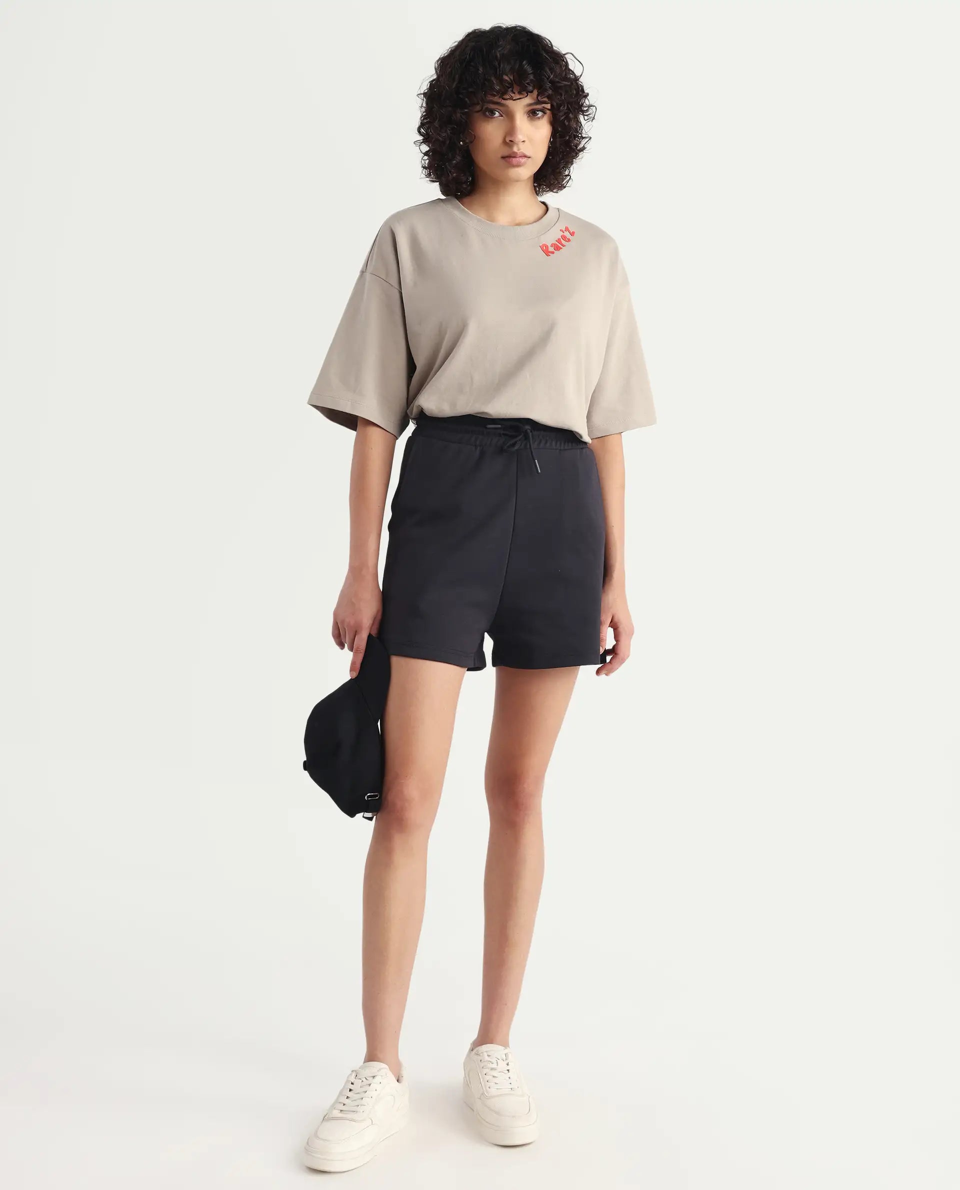 Rareism Women's Aftok B Black Cotton Blend Plain Mini Regular Fit Shorts