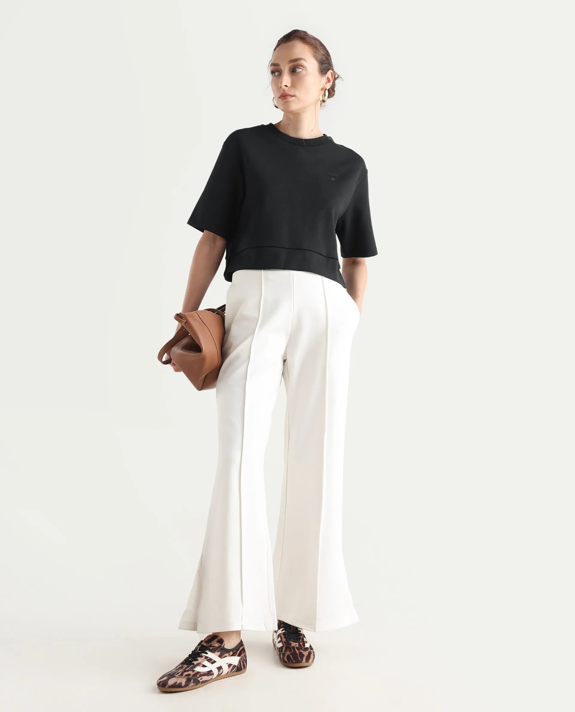 Rareism Women's Aftok T Black Cotton Blend Crew Neck Plain Crop Regular Fit T-Shirt