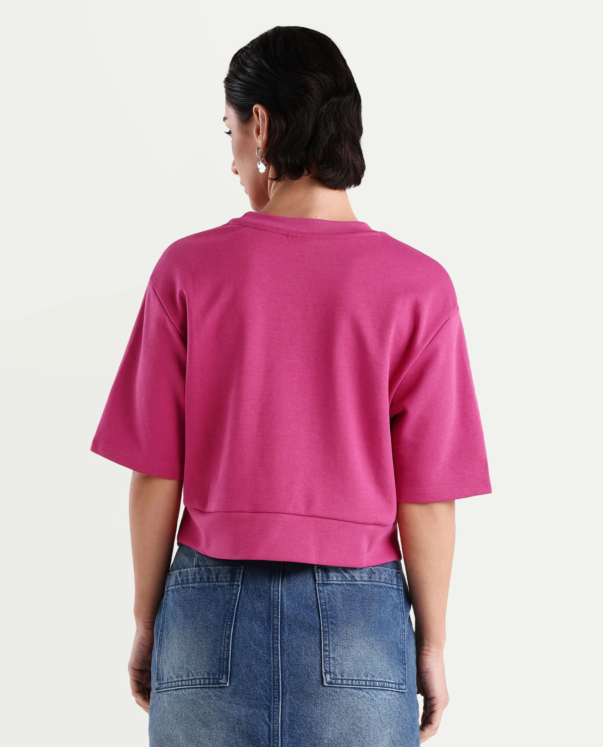 Rareism Women's Aftok T Pink Cotton Blend Crew Neck Plain Crop Regular Fit T-Shirt