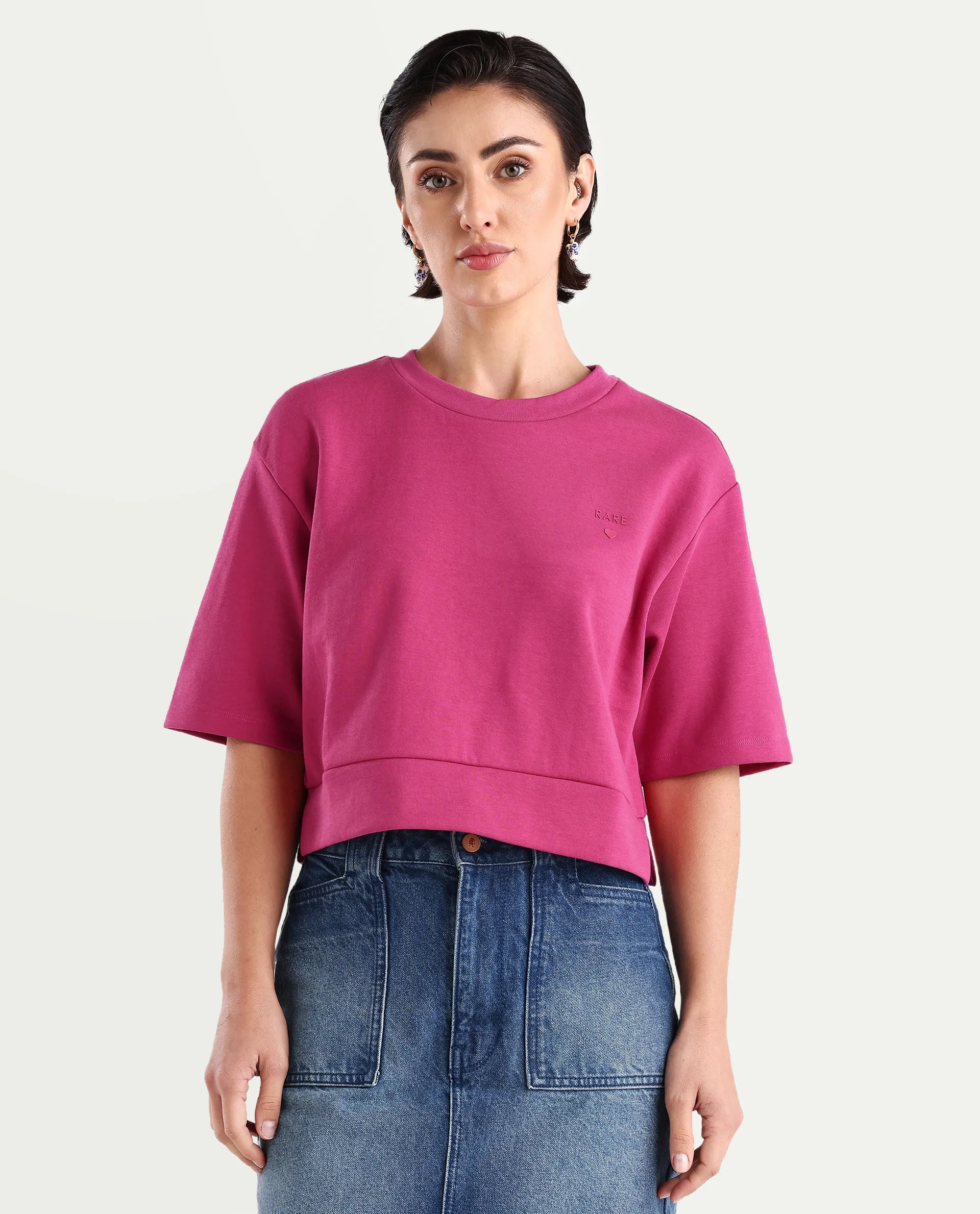 Rareism Women's Aftok T Pink Cotton Blend Crew Neck Plain Crop Regular Fit T-Shirt