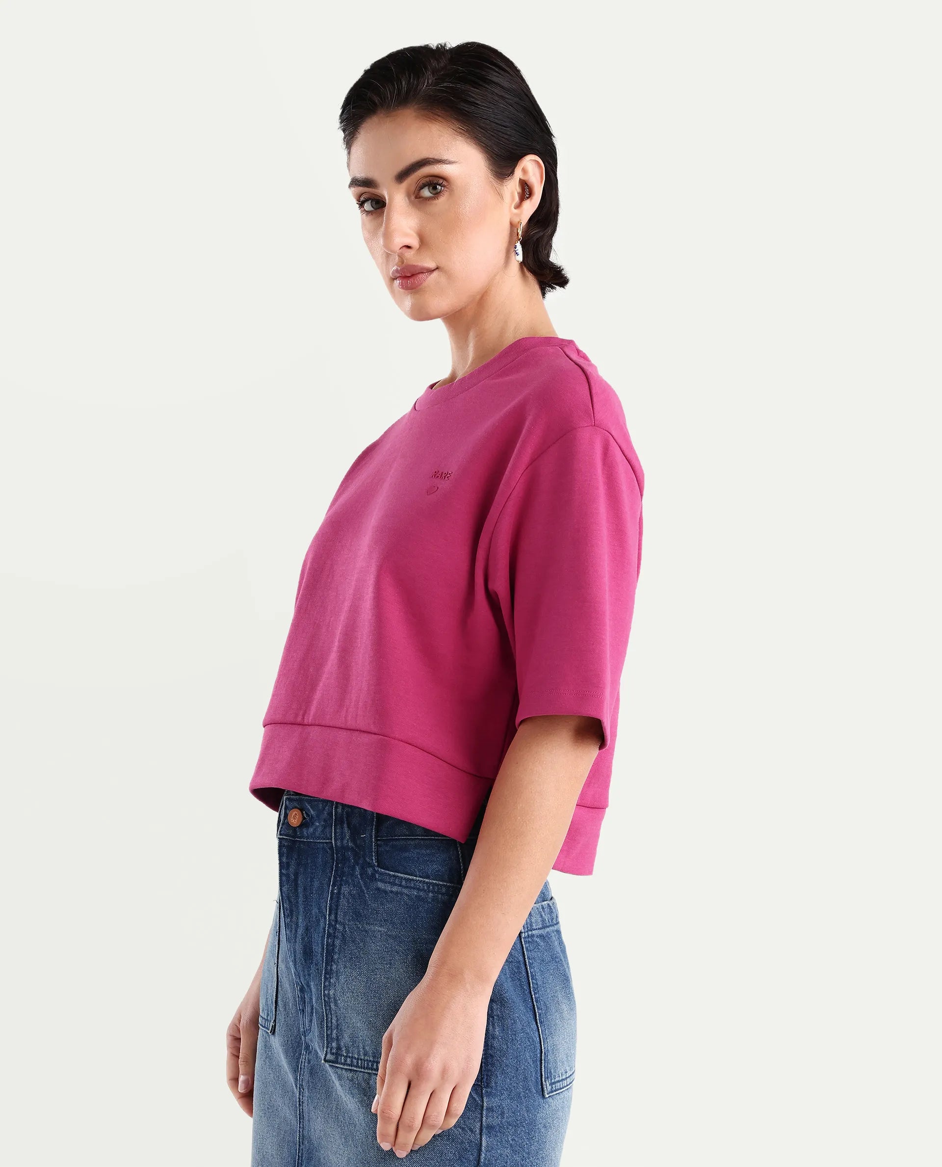 Rareism Women's Aftok T Pink Cotton Blend Crew Neck Plain Crop Regular Fit T-Shirt