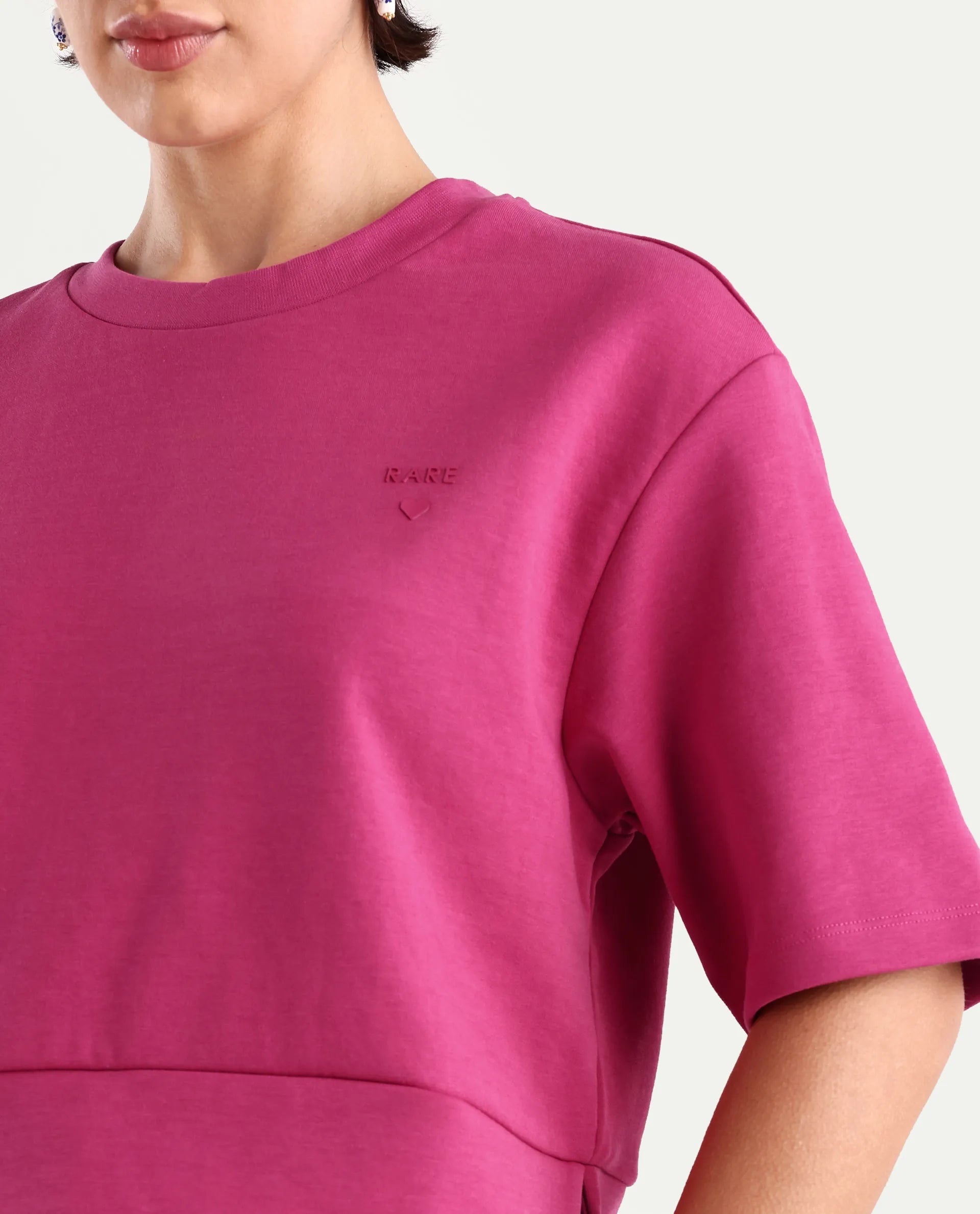 Rareism Women's Aftok T Pink Cotton Blend Crew Neck Plain Crop Regular Fit T-Shirt
