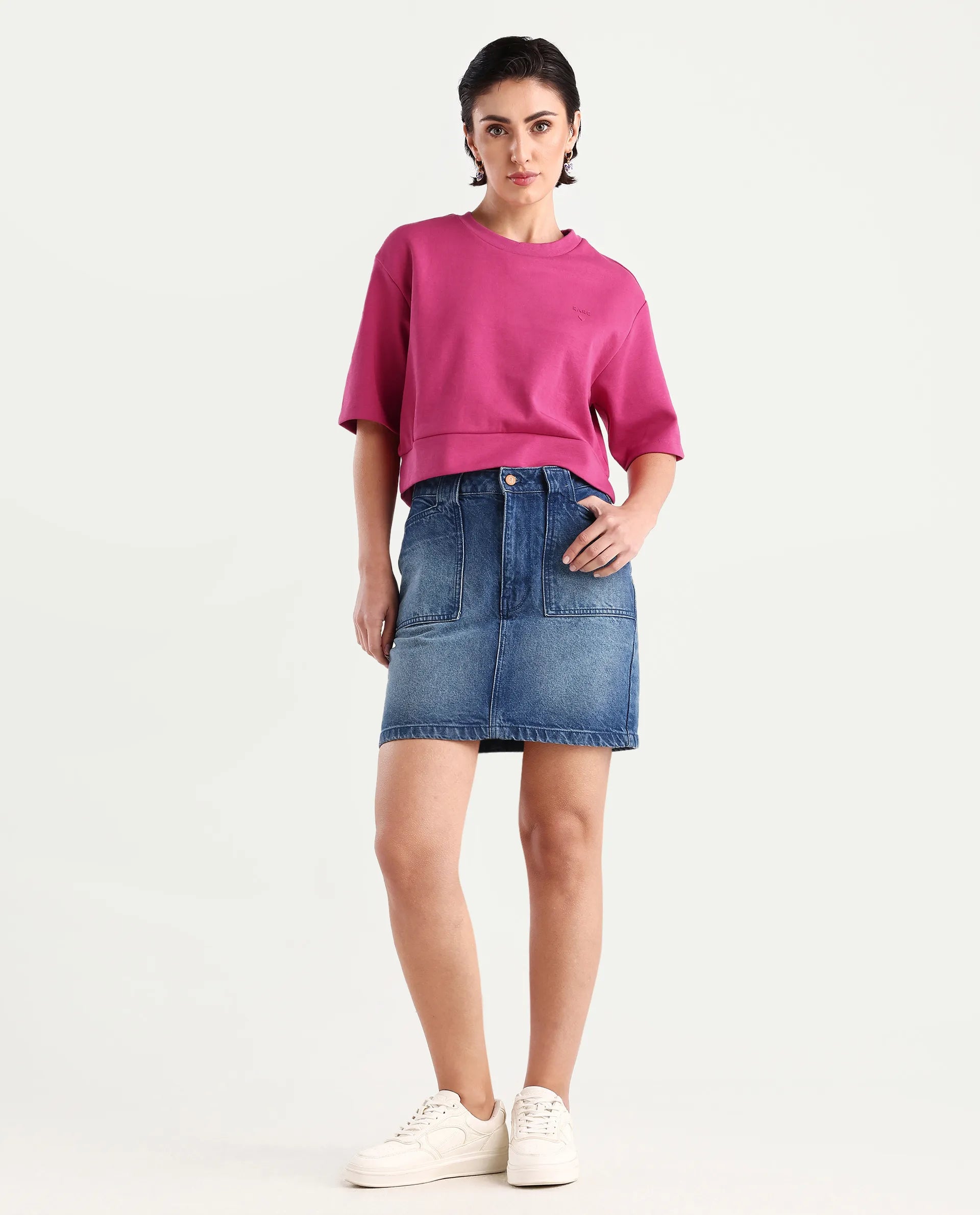 Rareism Women's Aftok T Pink Cotton Blend Crew Neck Plain Crop Regular Fit T-Shirt