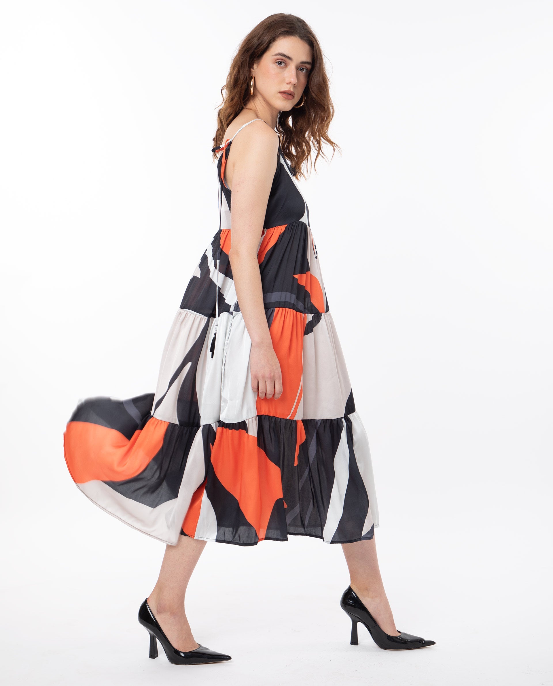 Rareism Women Agans Multi Polyester Fabric Sleeveless Tie-Up Closure V-Neck Shoulder Straps Regular Fit Abstract Print Maxi Tiered Dress