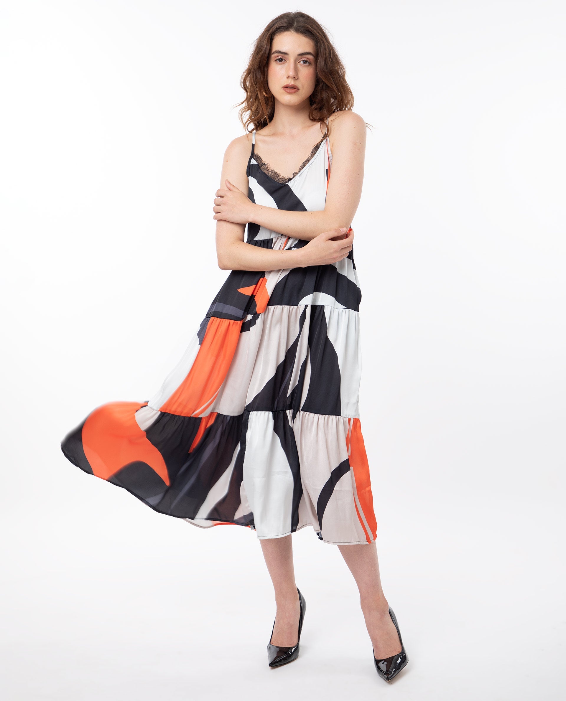 Rareism Women Agans Multi Polyester Fabric Sleeveless Tie-Up Closure V-Neck Shoulder Straps Regular Fit Abstract Print Maxi Tiered Dress