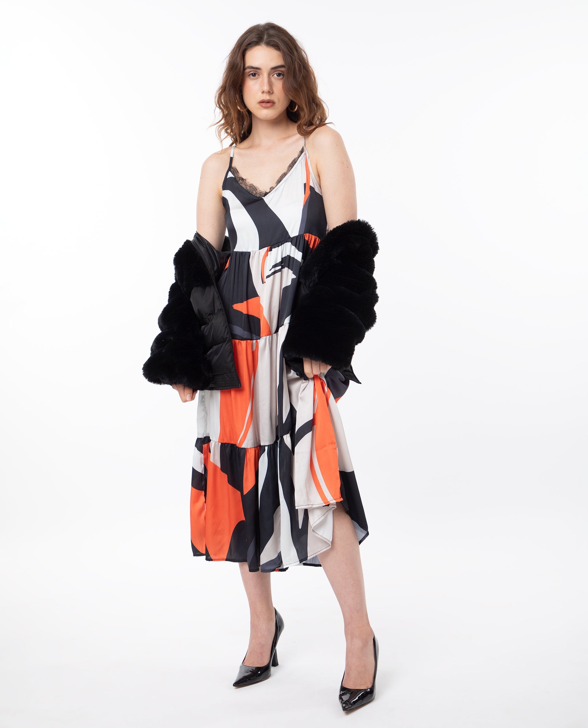 Rareism Women Agans Multi Polyester Fabric Sleeveless Tie-Up Closure V-Neck Shoulder Straps Regular Fit Abstract Print Maxi Tiered Dress